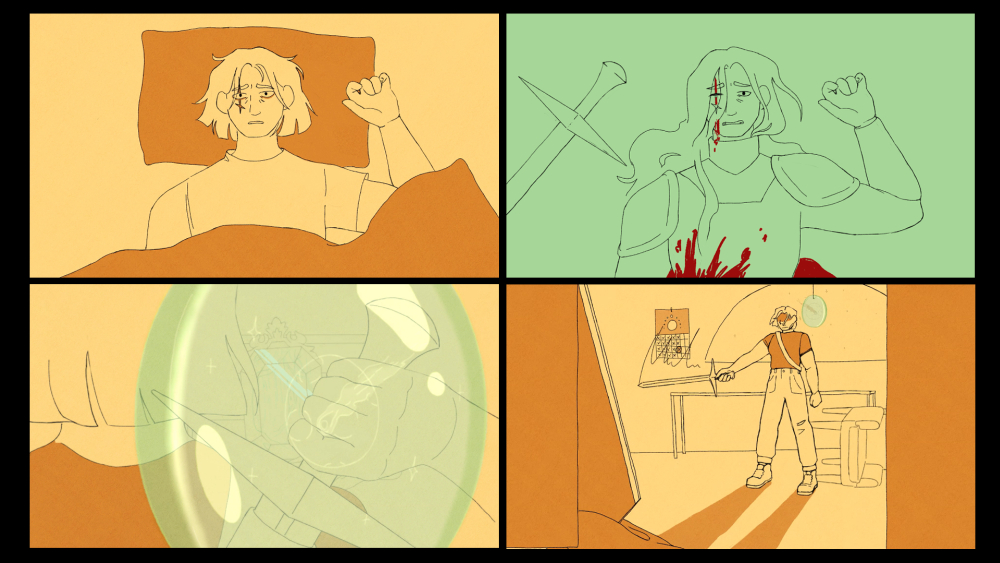 Four film stills showing person in bed; dressed as knight covered in blood; drawing sword from back; and wielding sword in bedroom.