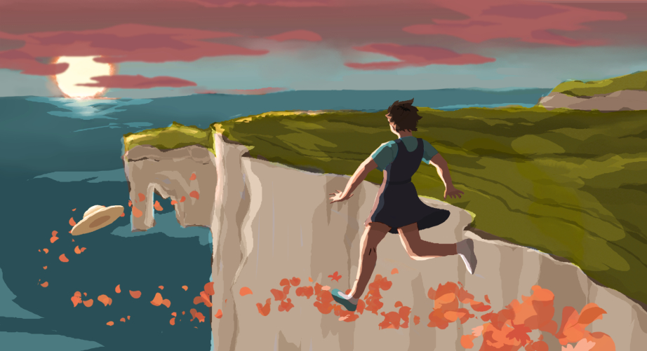 Illustration of girl floating over white cliffs of Dover
