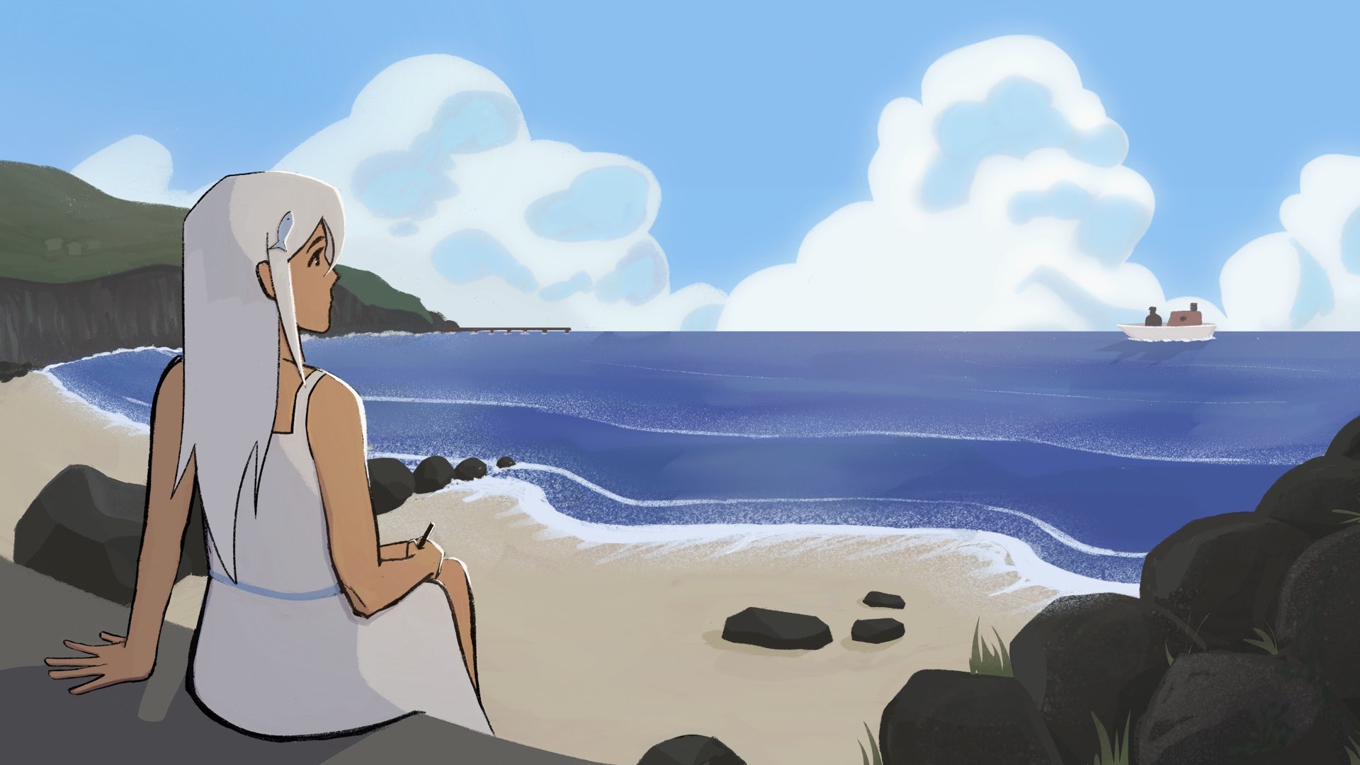 Illustration of woman sitting on beach looking at boat far out at sea