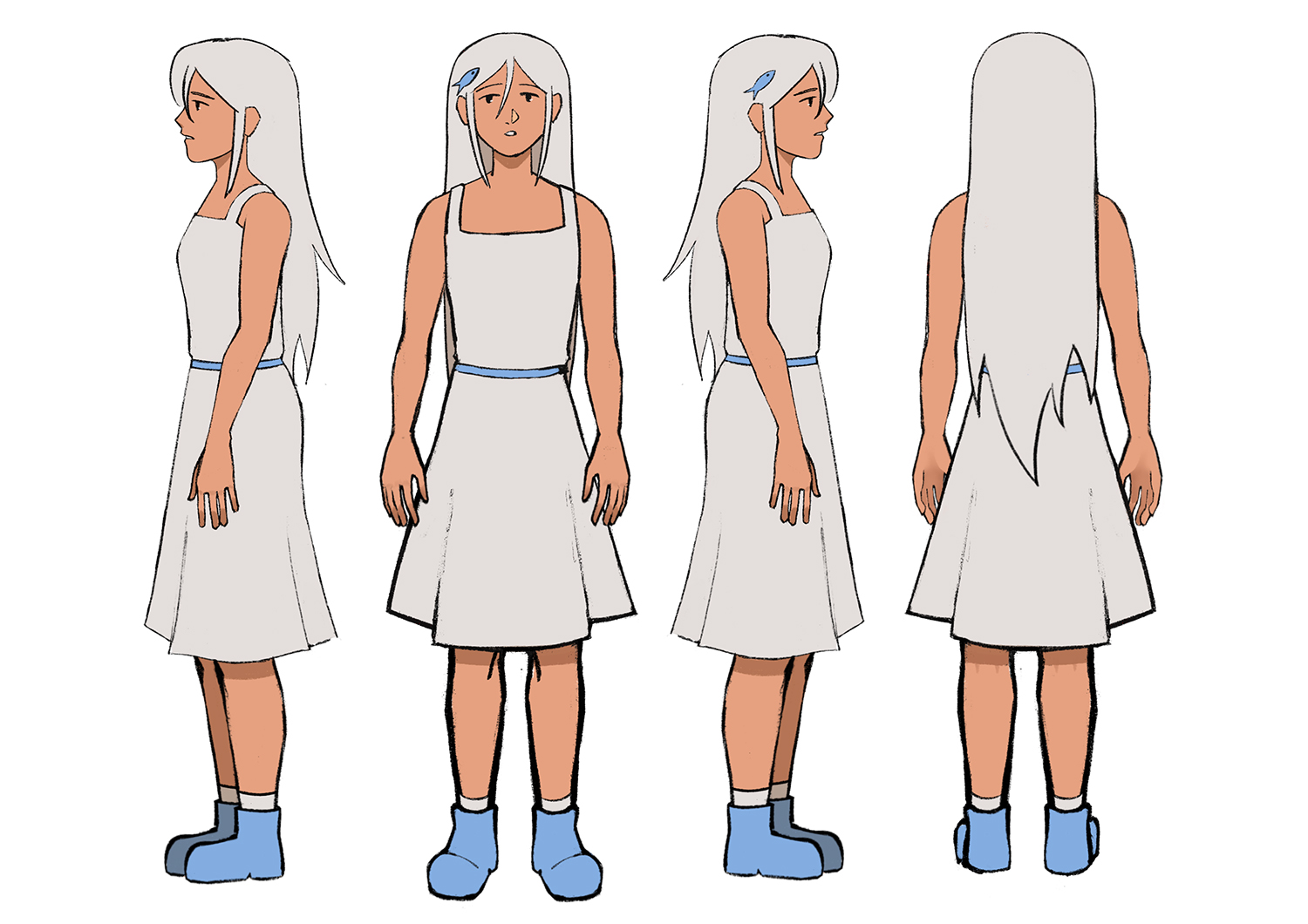 Four illustrations of white-haired woman from different angles