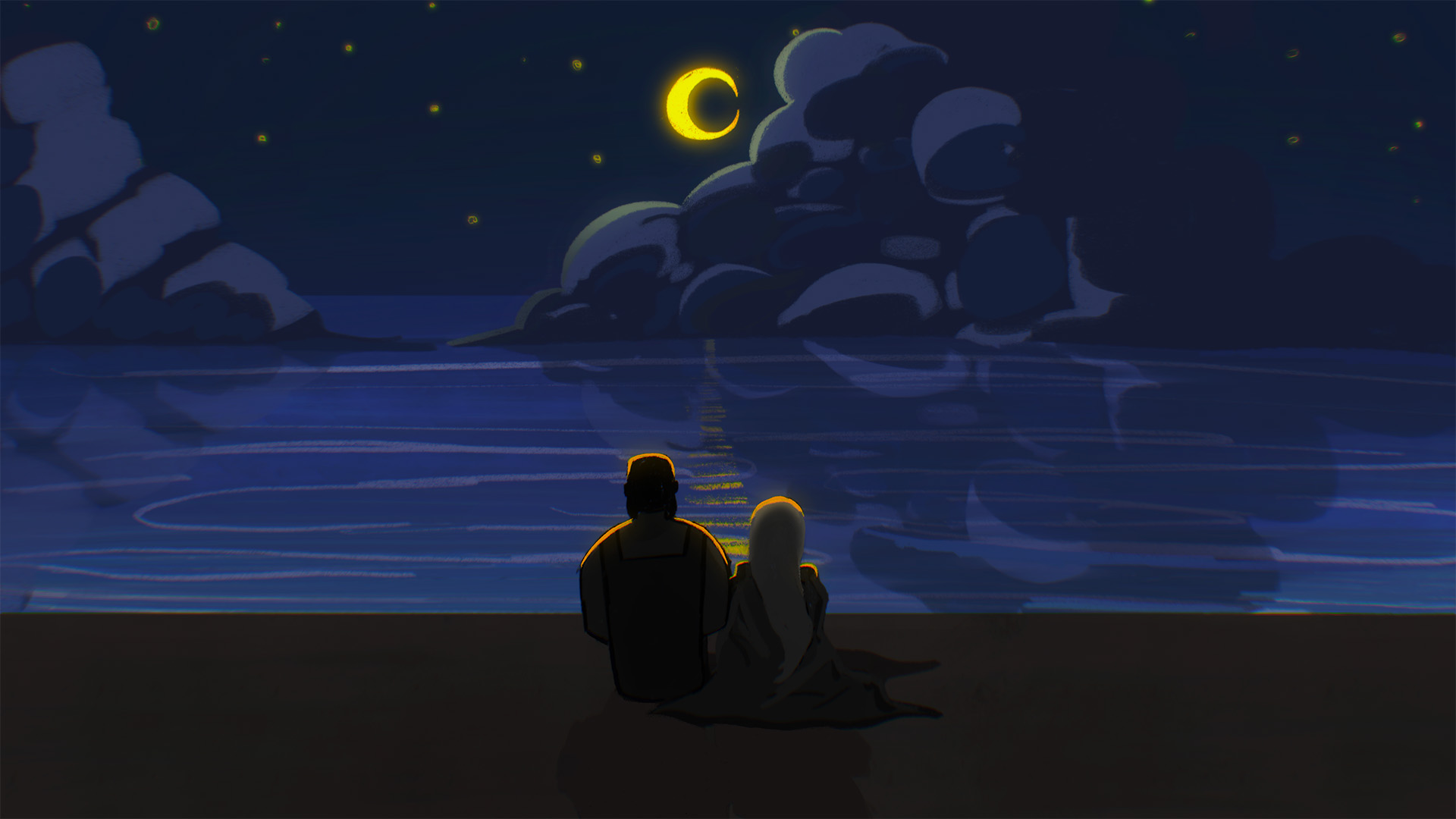 Illustration of father and daughter sitting on beach at night