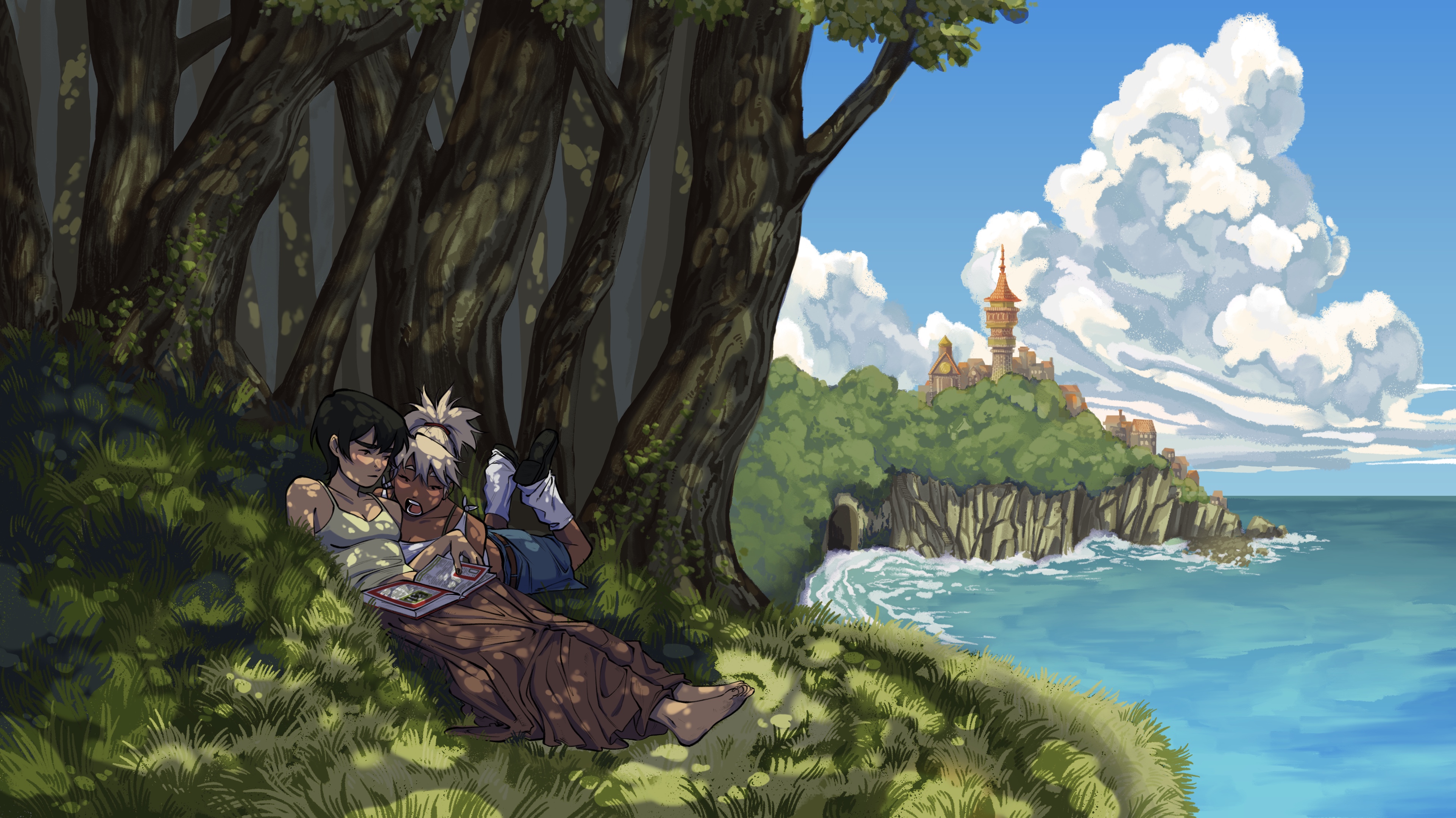 Illustration of two girls sitting under trees next to sea with castle in background