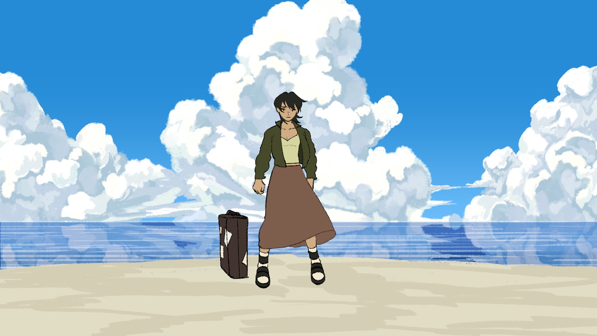 Illustration of girl standing on beach with suitcase