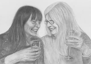 Illustration of two women holding wine glasses