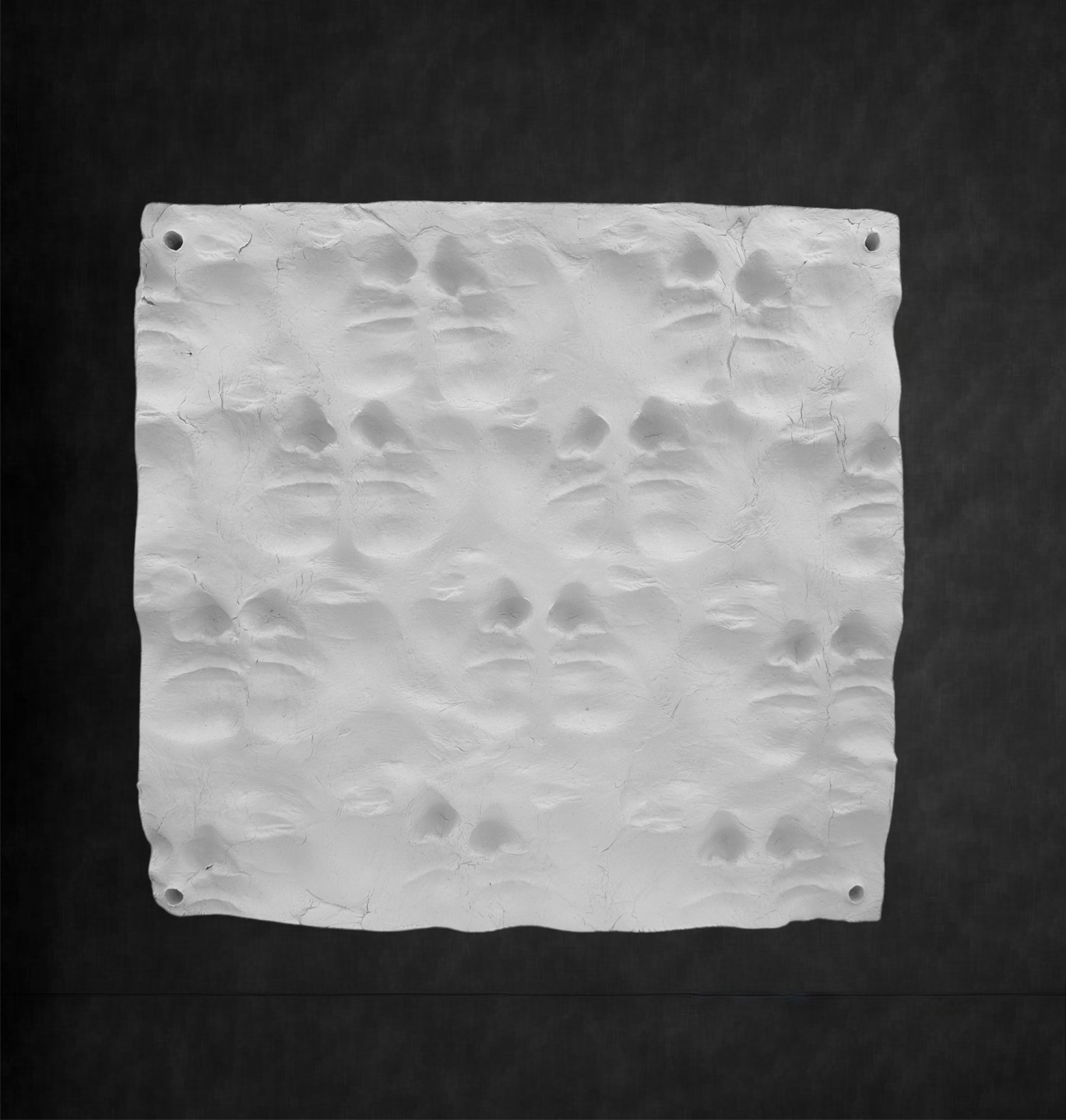 Patterned sculpture formed by facial imprints in clay