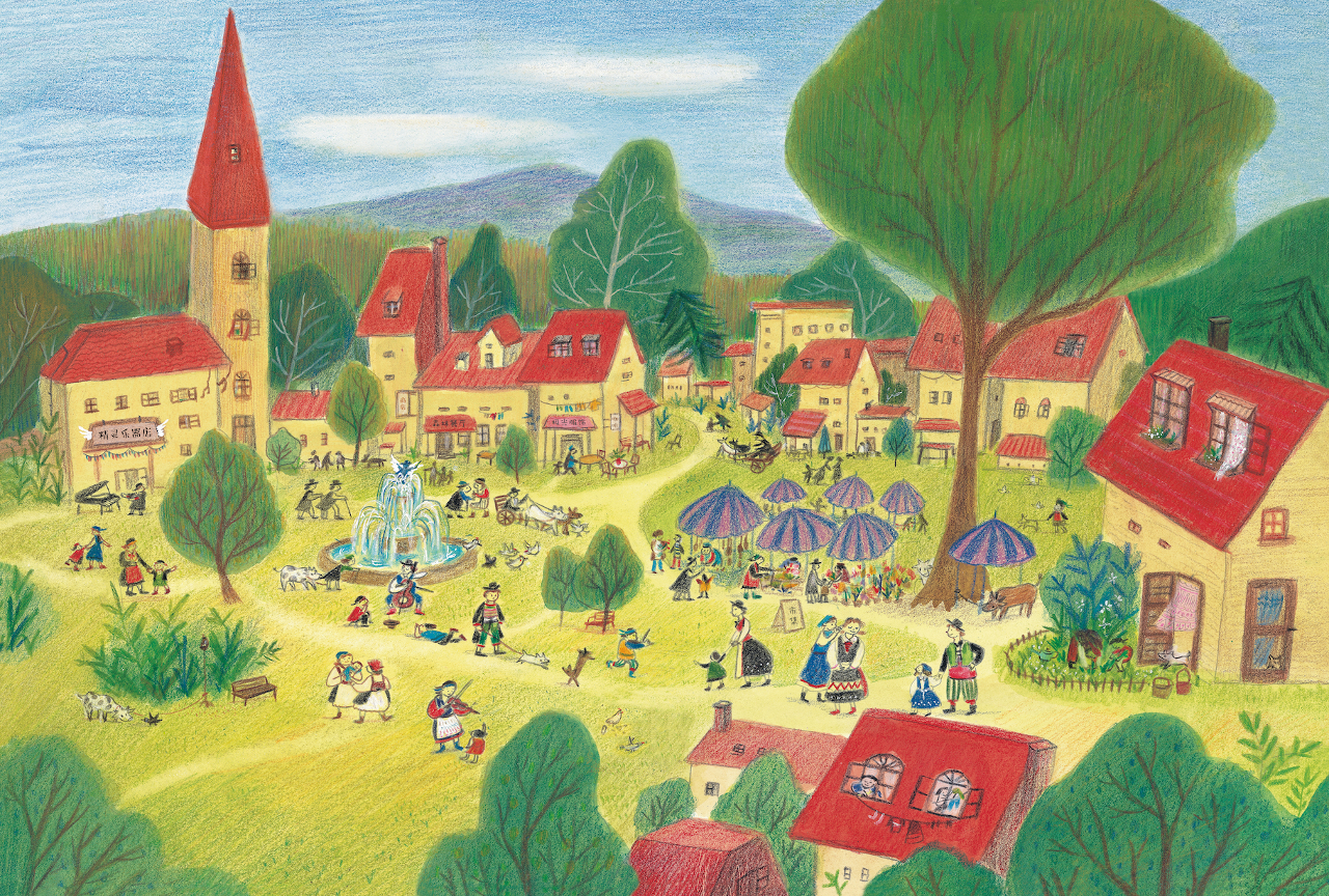 Illustration of people in rural town