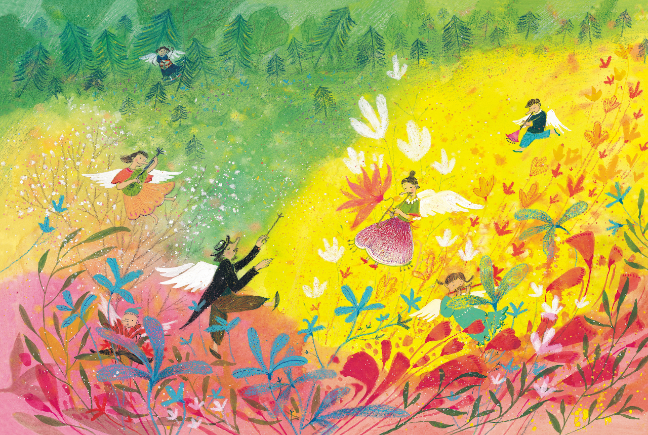 Illustration of fairies in colourful meadow