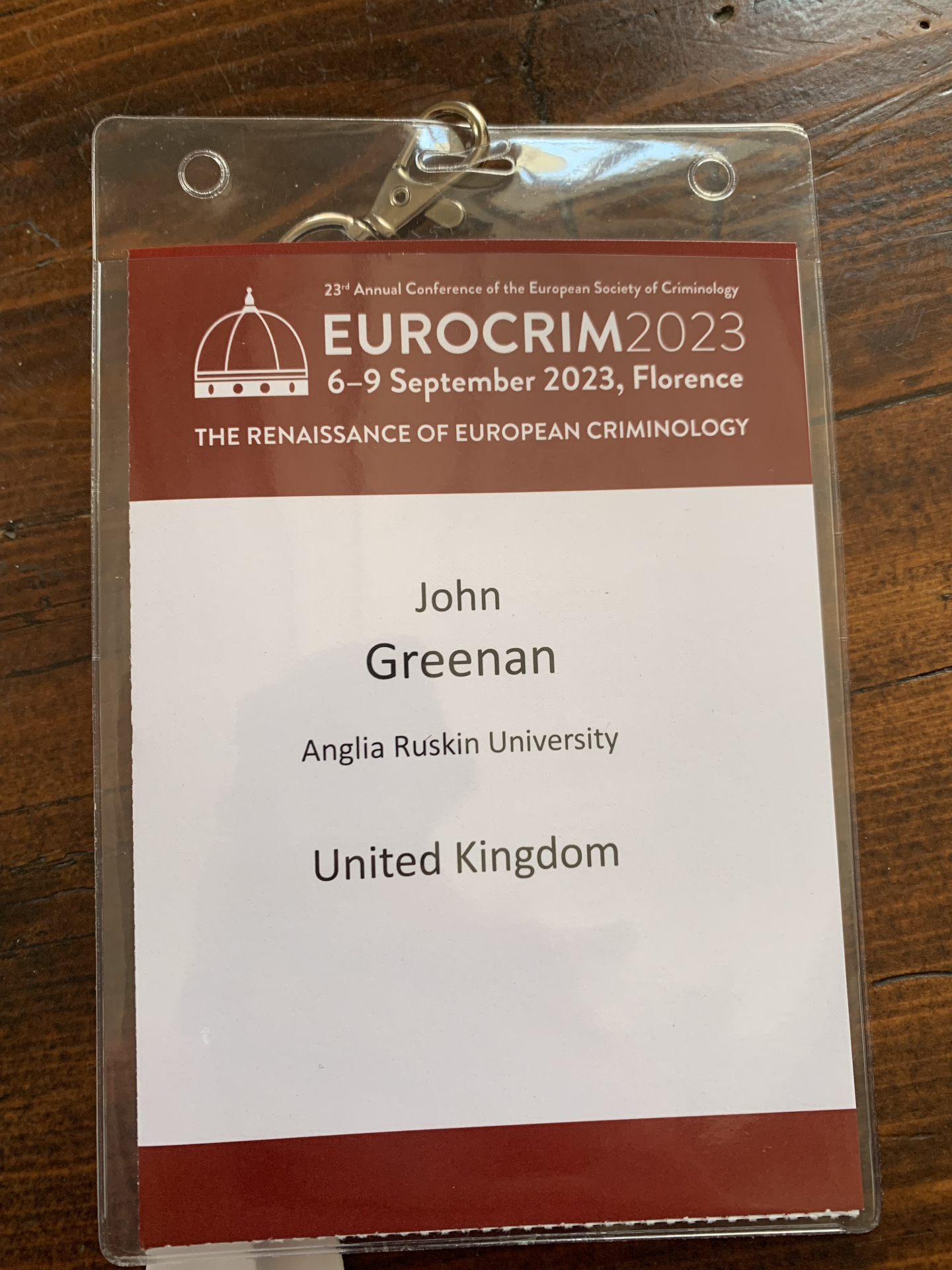 John Greenan name badge for Eurocrim 2023 conference
