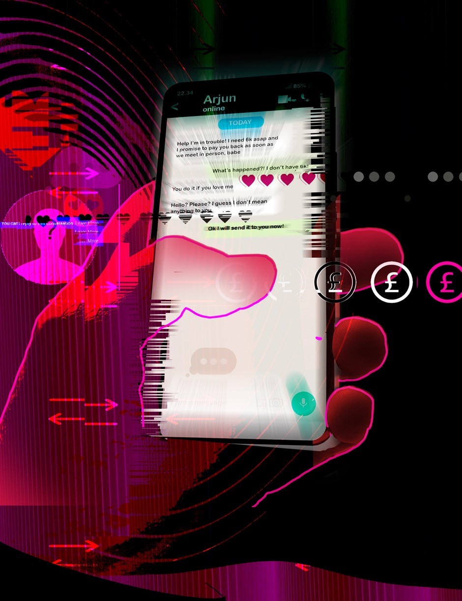 Illustration of hand holding smartphone with manipulative messages on screen