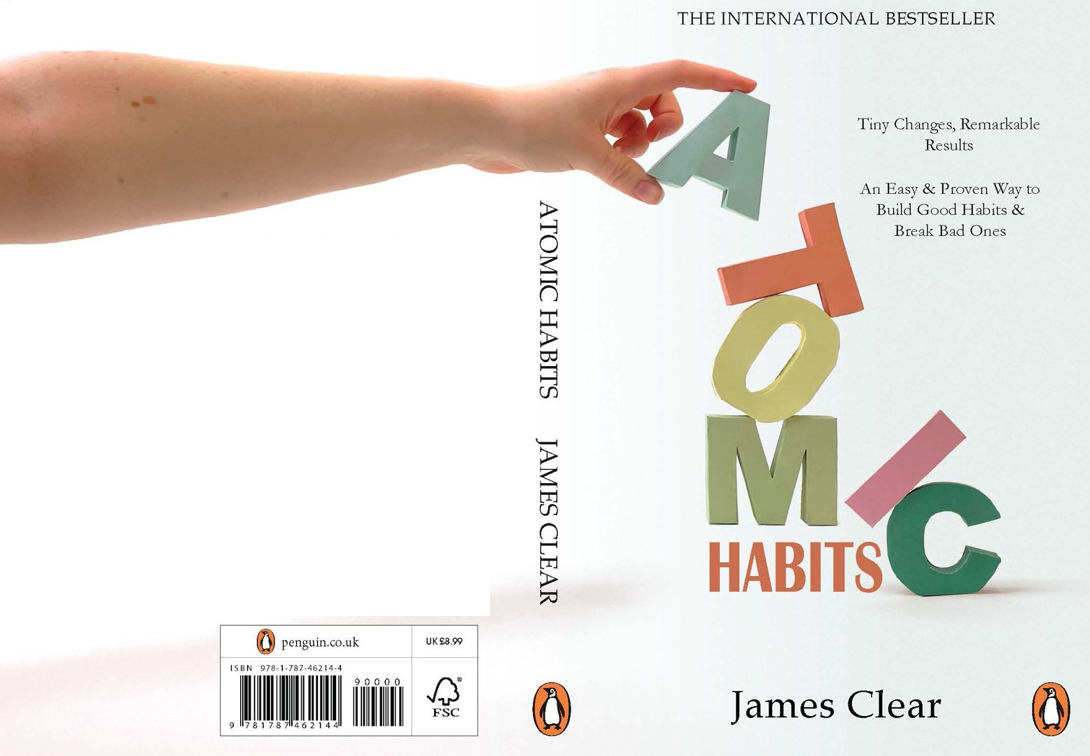 Book cover with arm reaching across backsleeve to front, building title from letter blocks