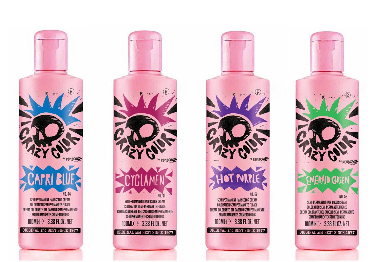 Four pink bottles with Crazy Color design