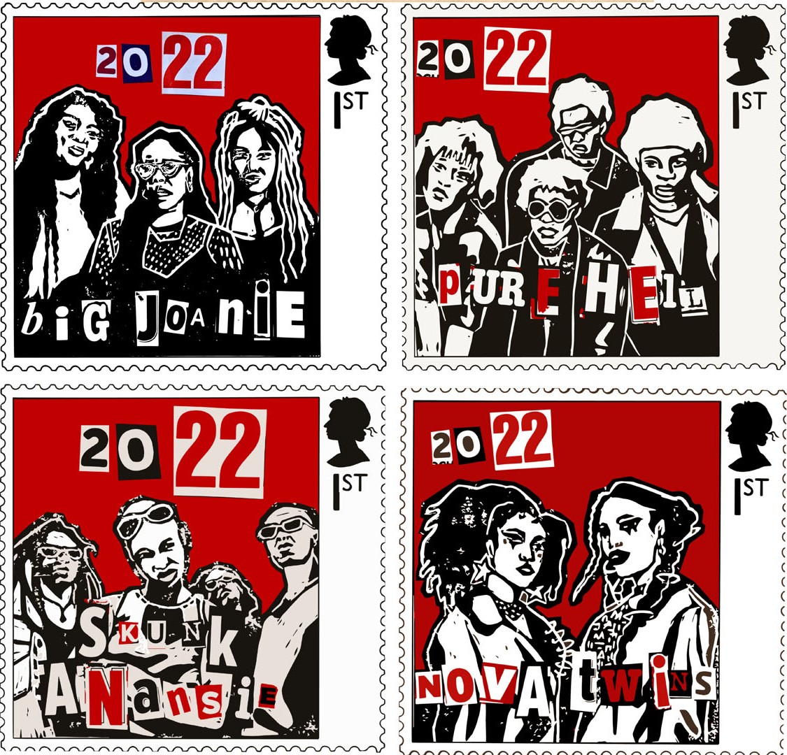 Four designs for punk music stamps