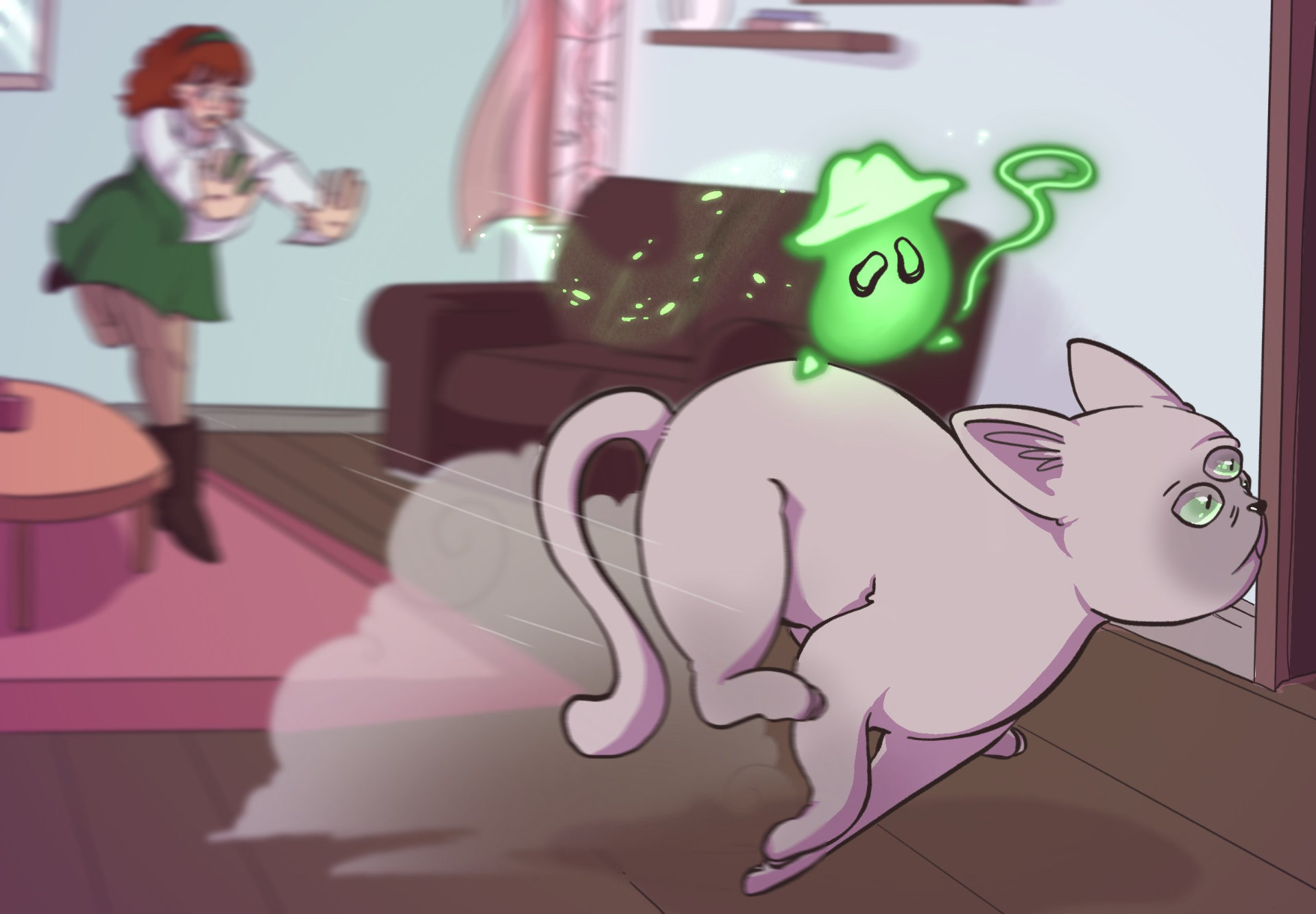 Illustration of woman chasing through lounge after cat being ridden by little green magical creature