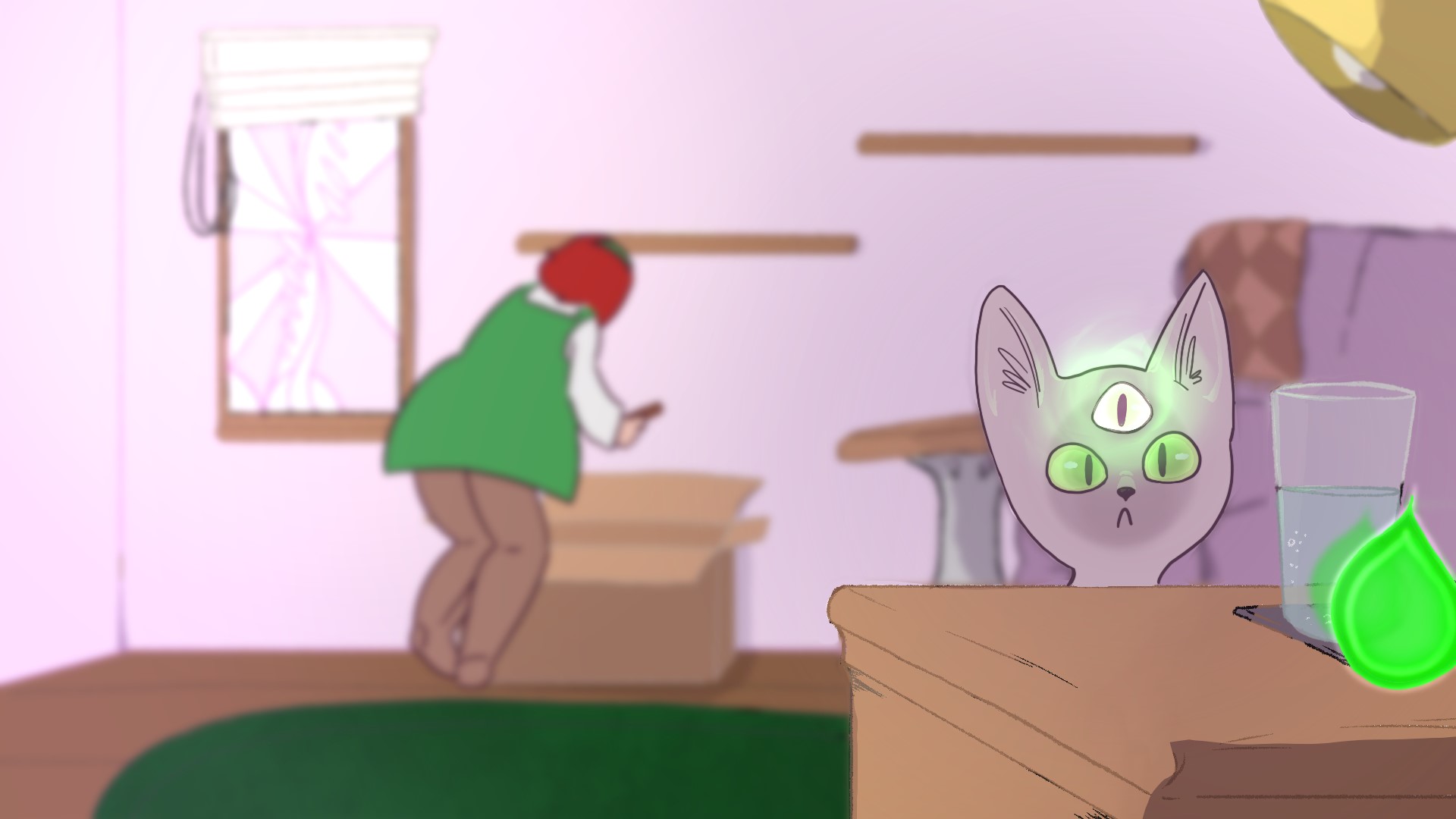 Illustration of cat with three eyes with woman searching lounge in background