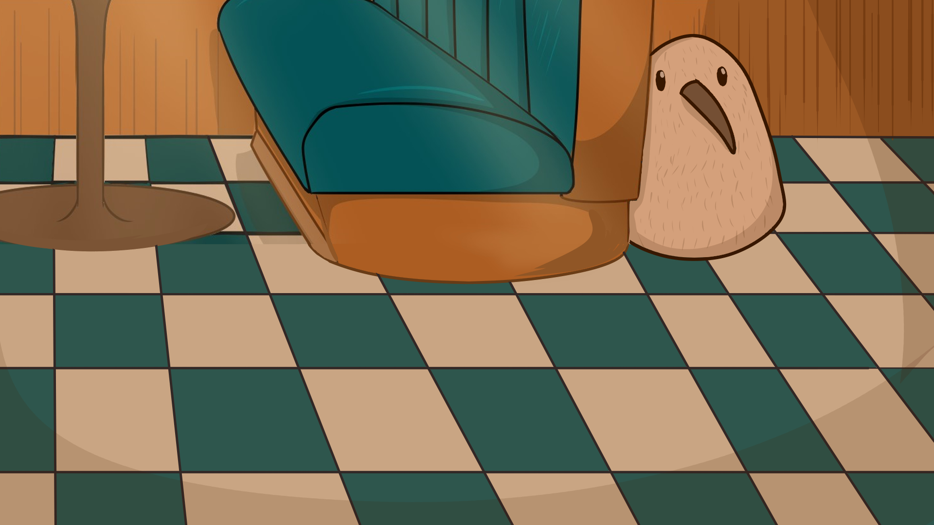 Illustration of kiwi hiding behind diner seat
