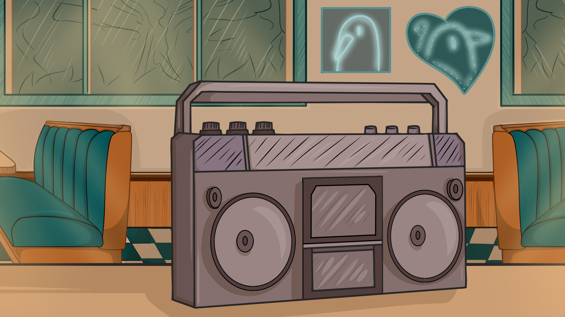 Illustration of radio on diner counter