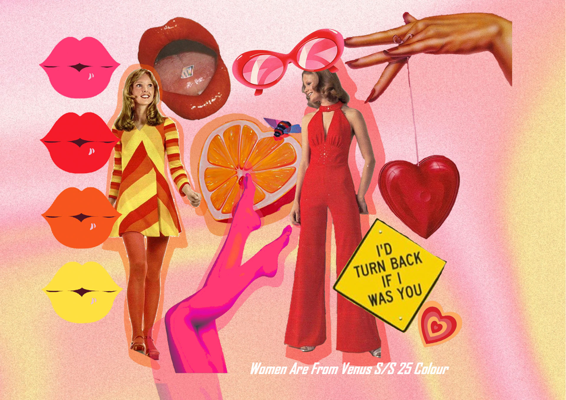 Images of two female models in 1960s-style outfits, surrounded by colourful lips and hearts