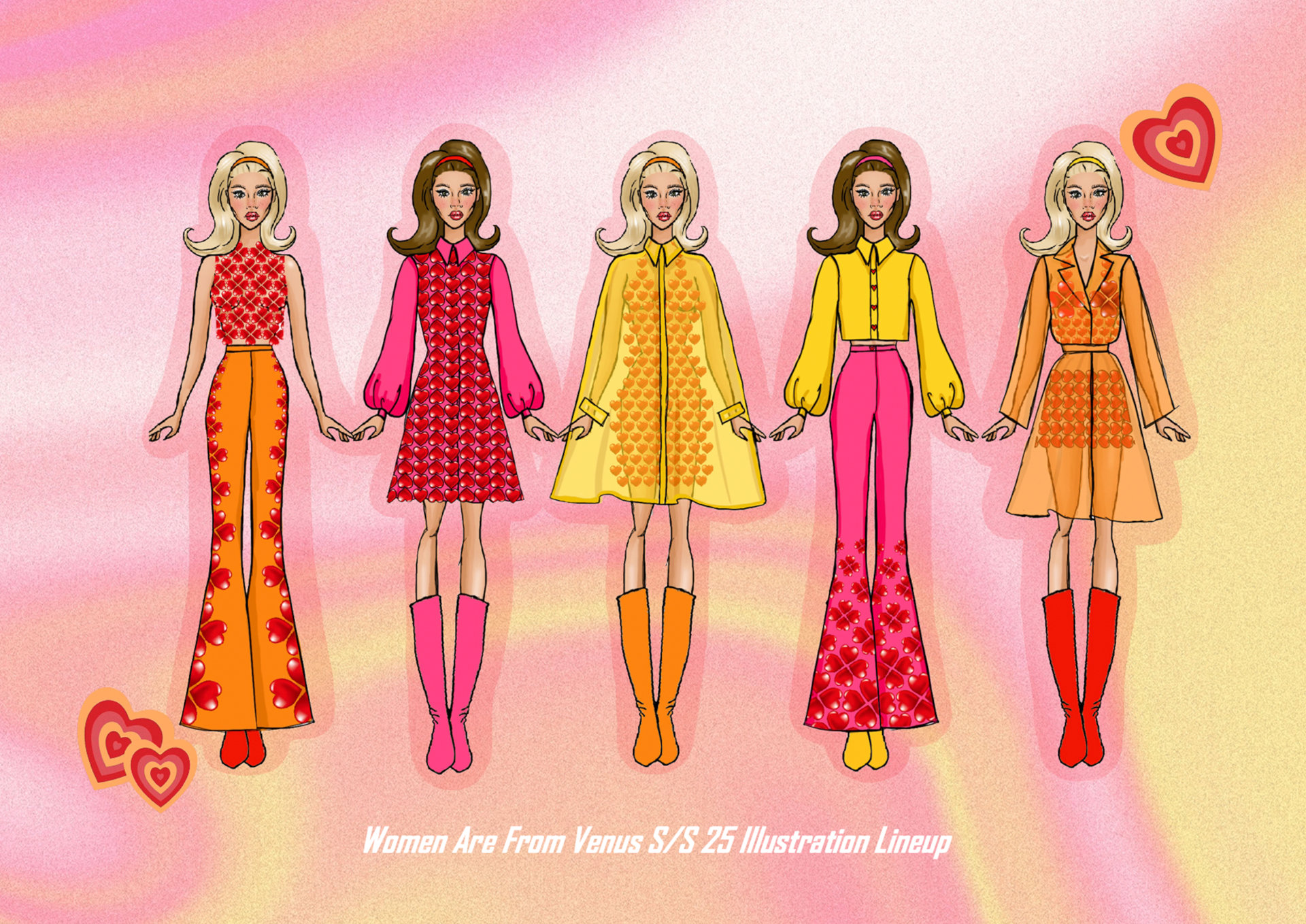 Illustrations of five women in 1960s-style outfits