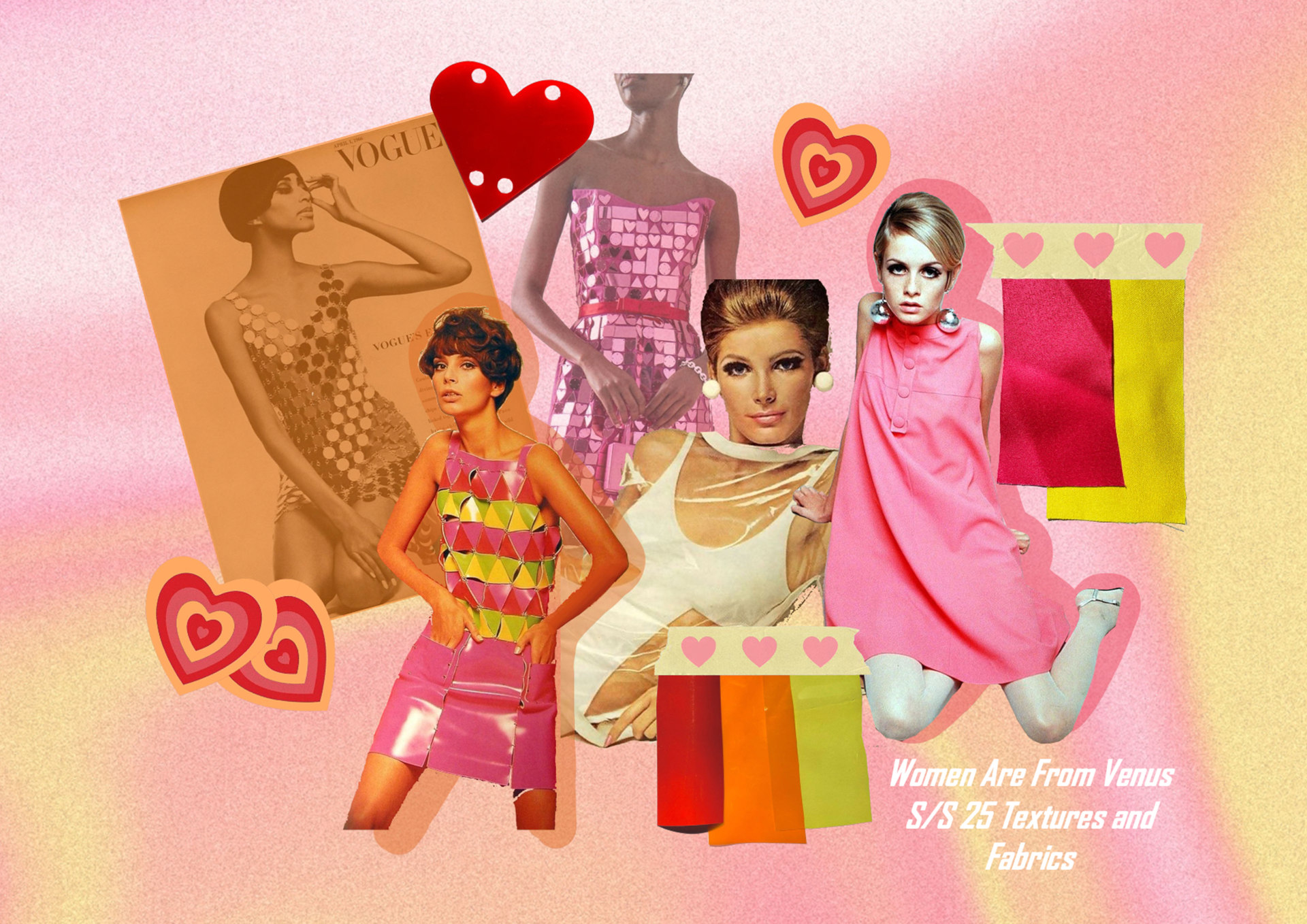 Images of women in 1960s-style outfits and hearts