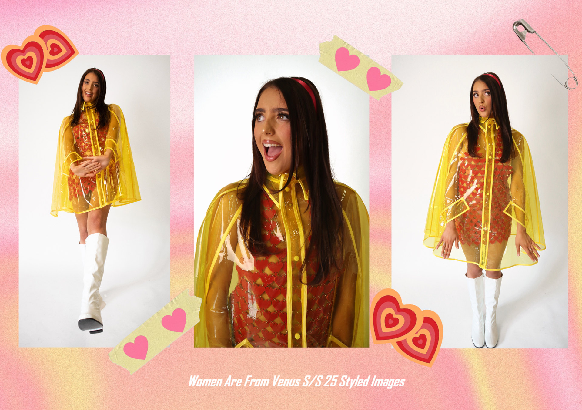 Three photos of female model in red heart-covered dress and yellow see-through raincoat