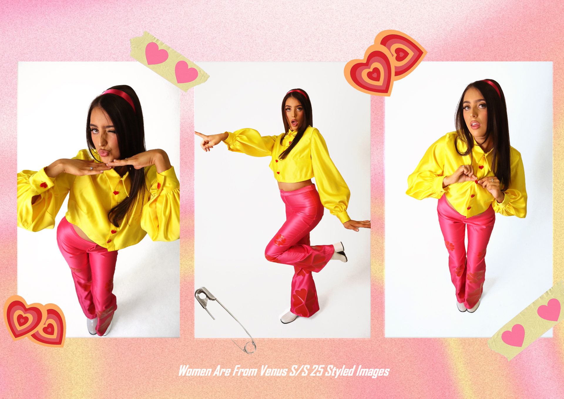 Three photos of female model in pink trousers and yellow blouse