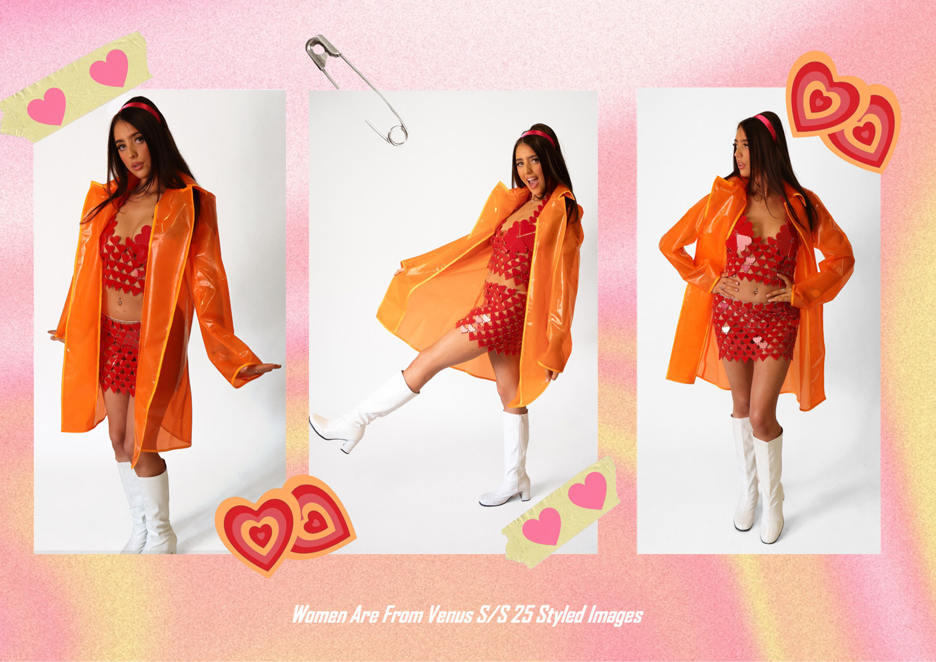 Three photos of female model in red heart-covered top and skirt, orange coat and white boots