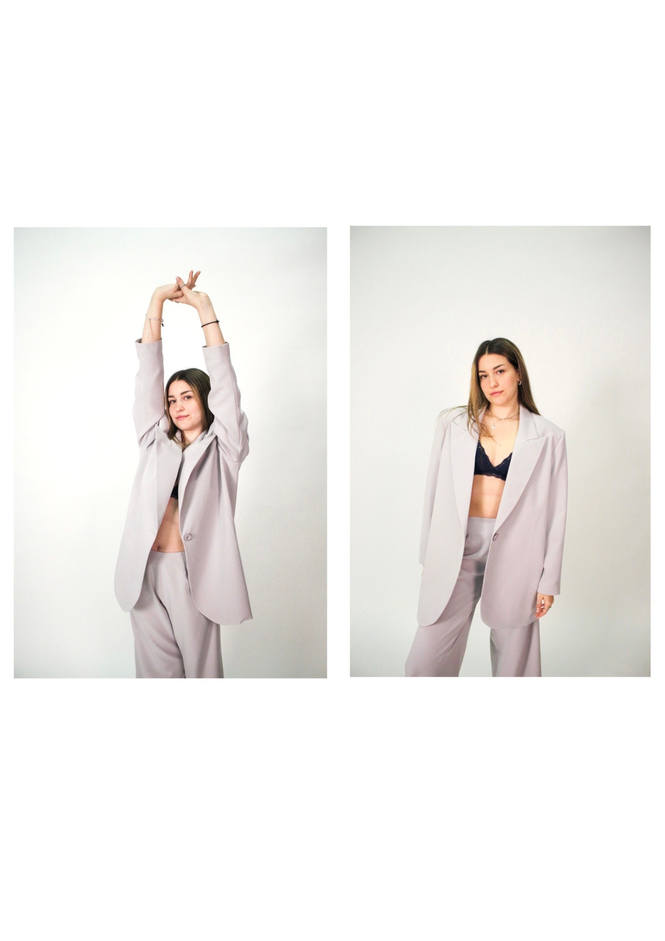 Two photos of female model wearing lilac jacket and trousers and black bra