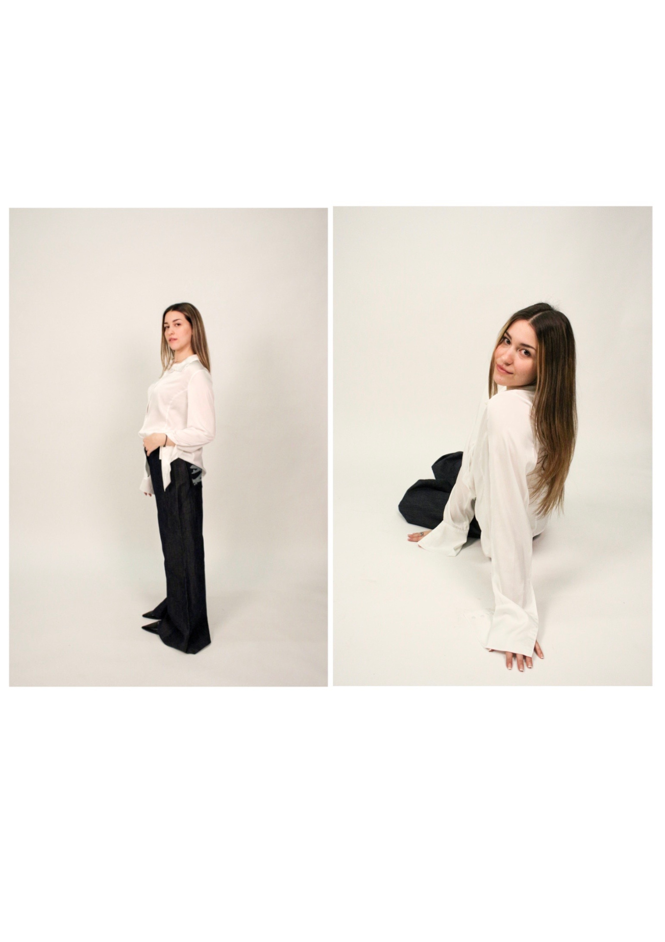 Two photos of female model wearing black trousers and white blouse