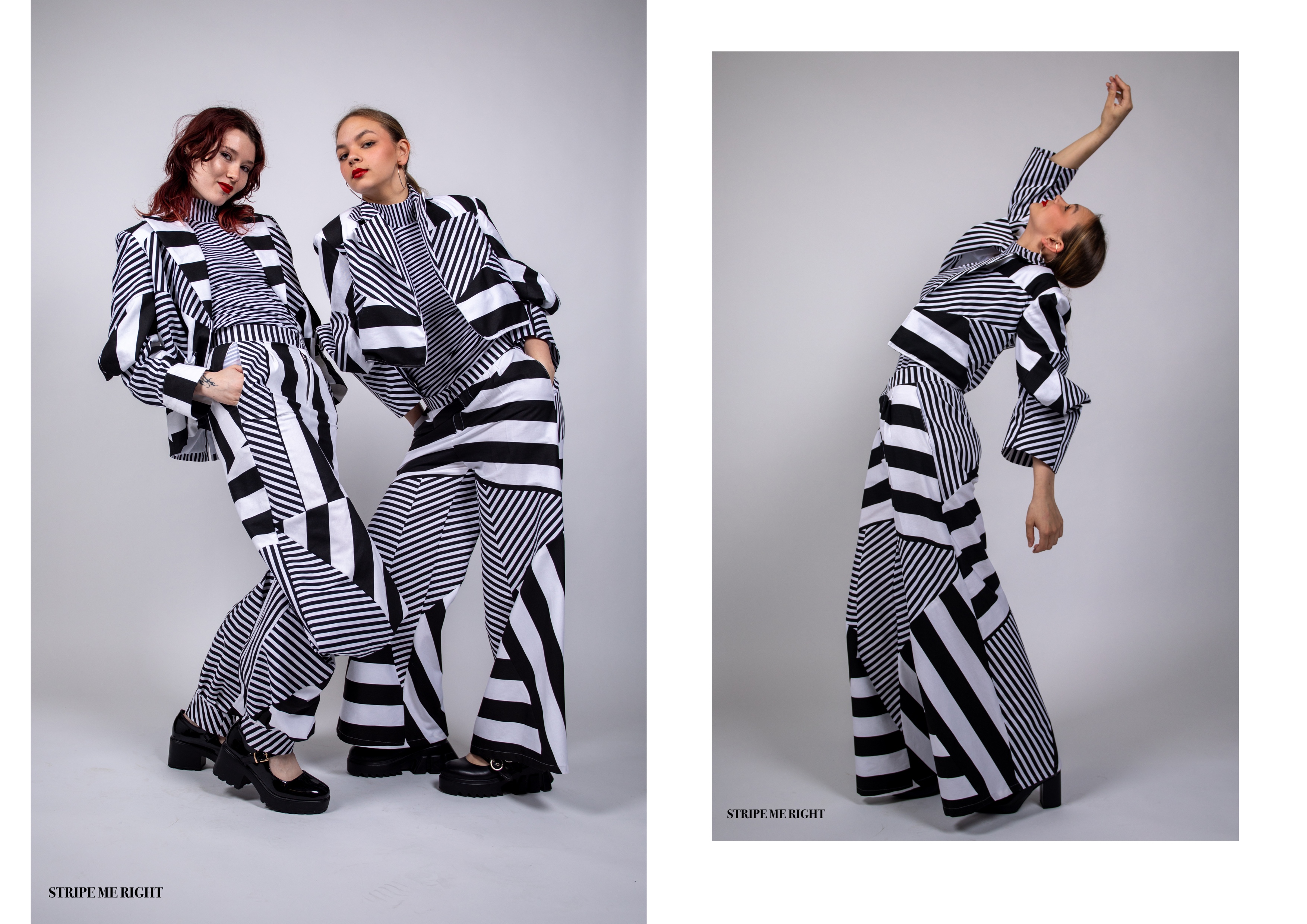 Photo of two female models wearing black and white striped trouser suits, next to photo of one model in same suit bending backwards