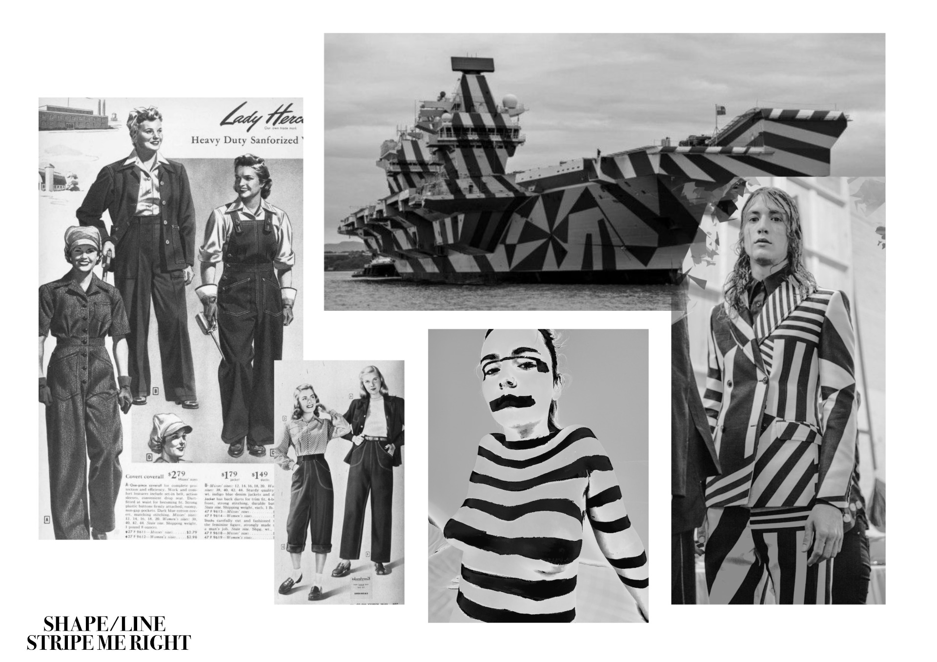 Photos of 1940s women's clothing designs and a striped aircraft carrier