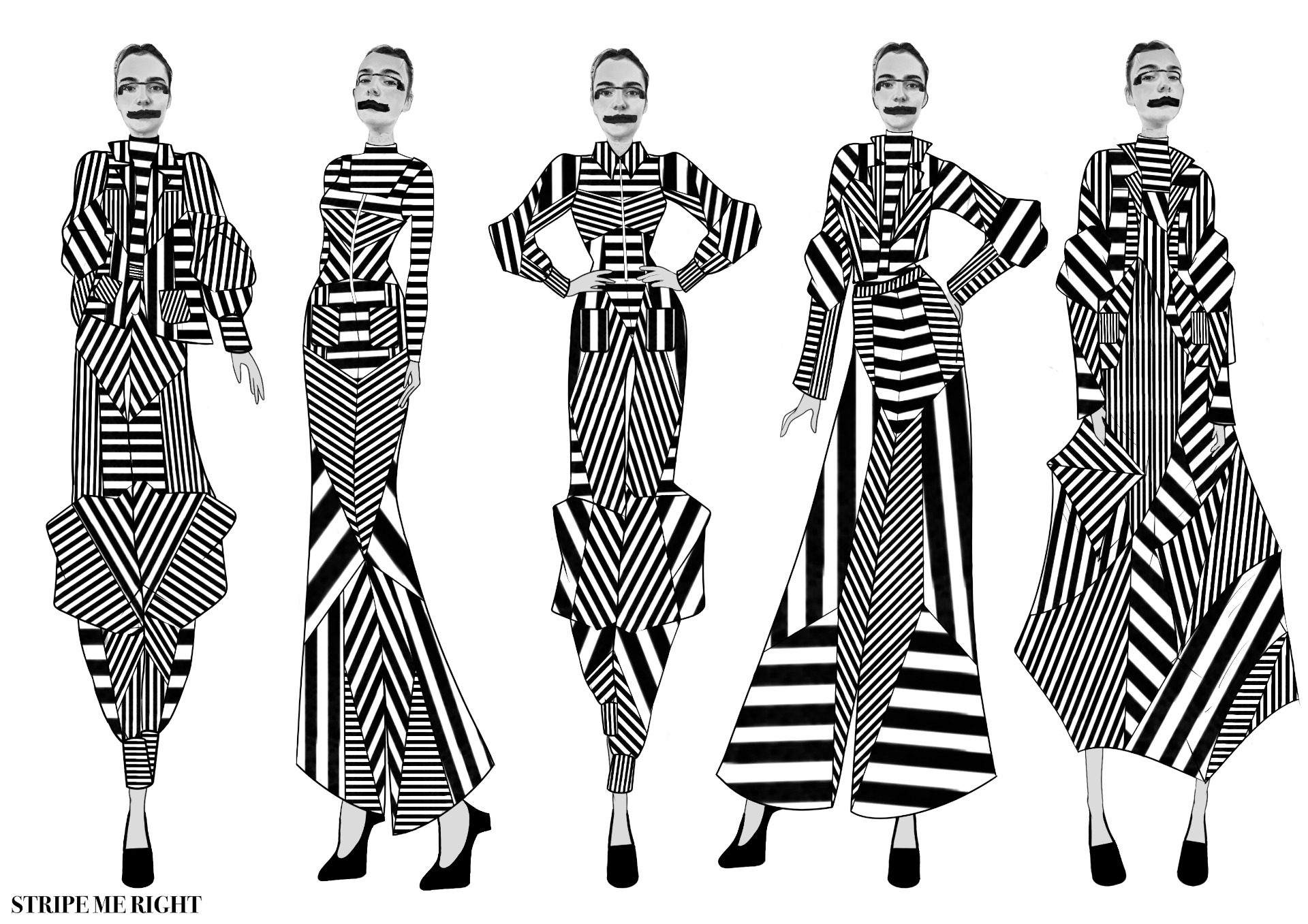 Five illustrations of black-and-white striped outfits