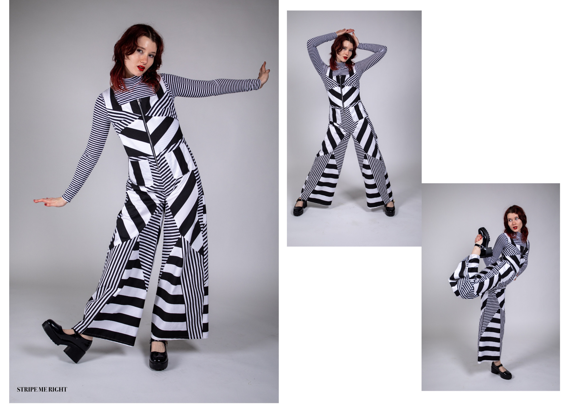 Three photos of female model in black-and-white striped trouser suit
