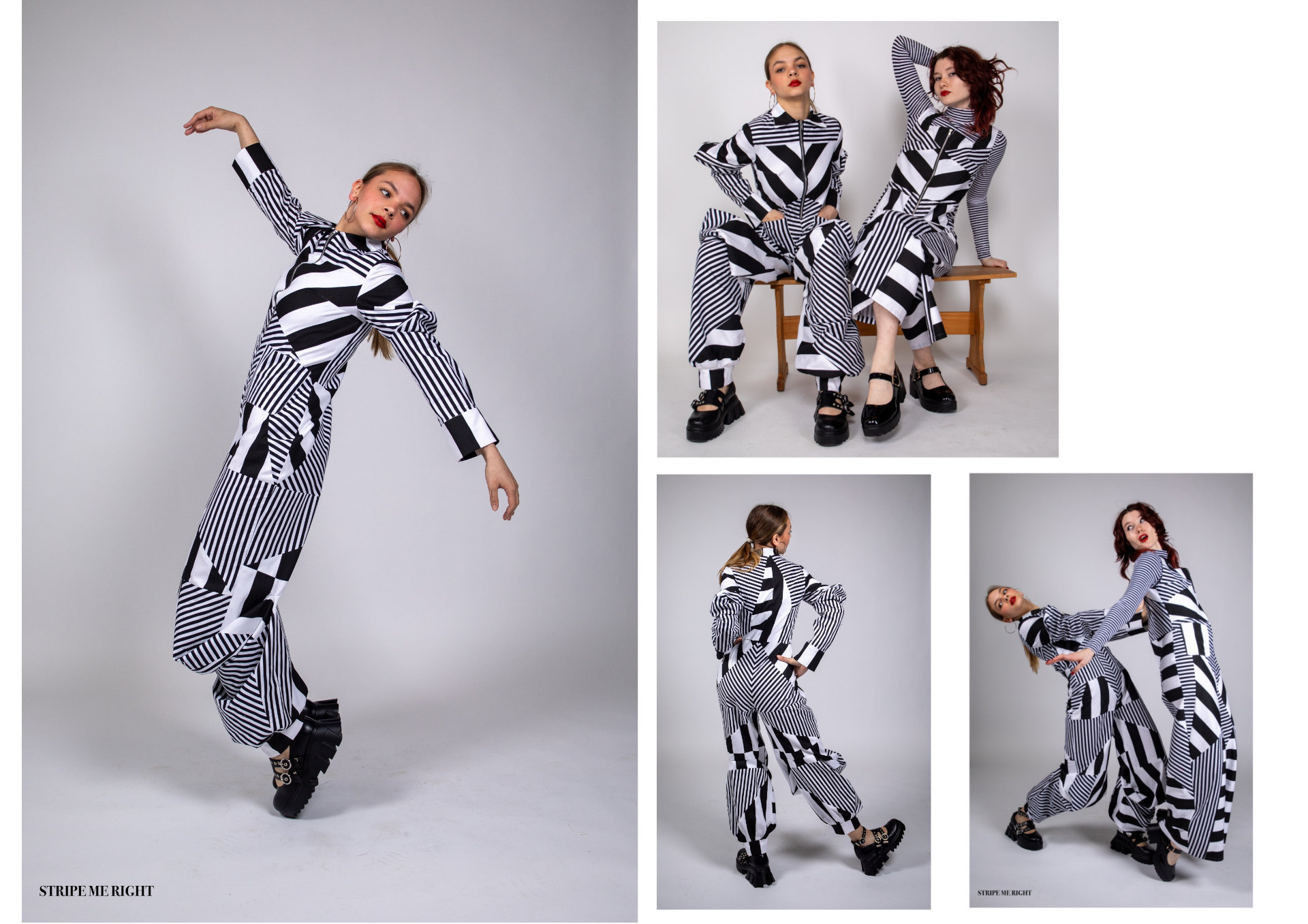 Four photos of female models in black-and-white stripey trouser suits