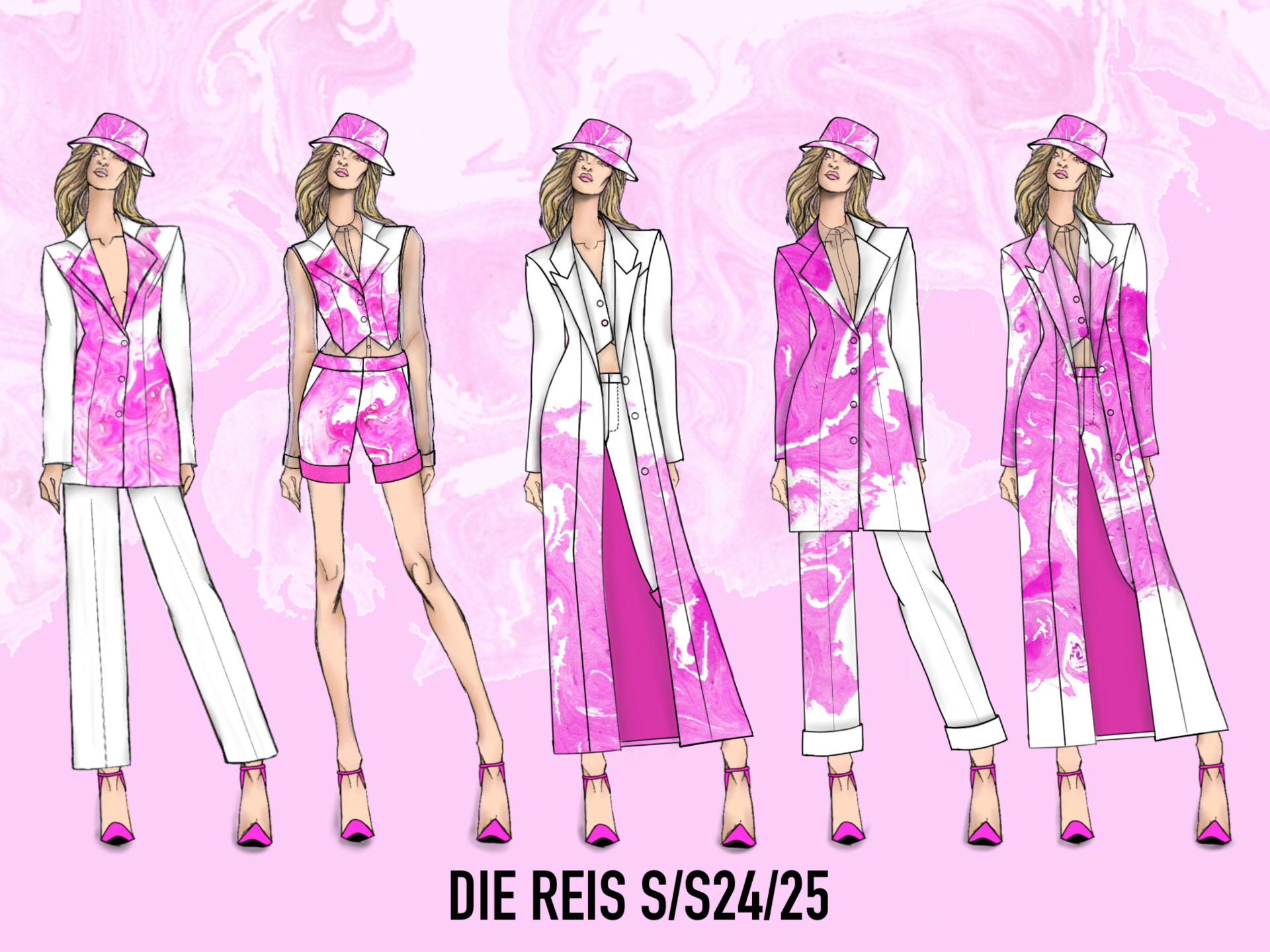 Five illustrations of pink and white outfits