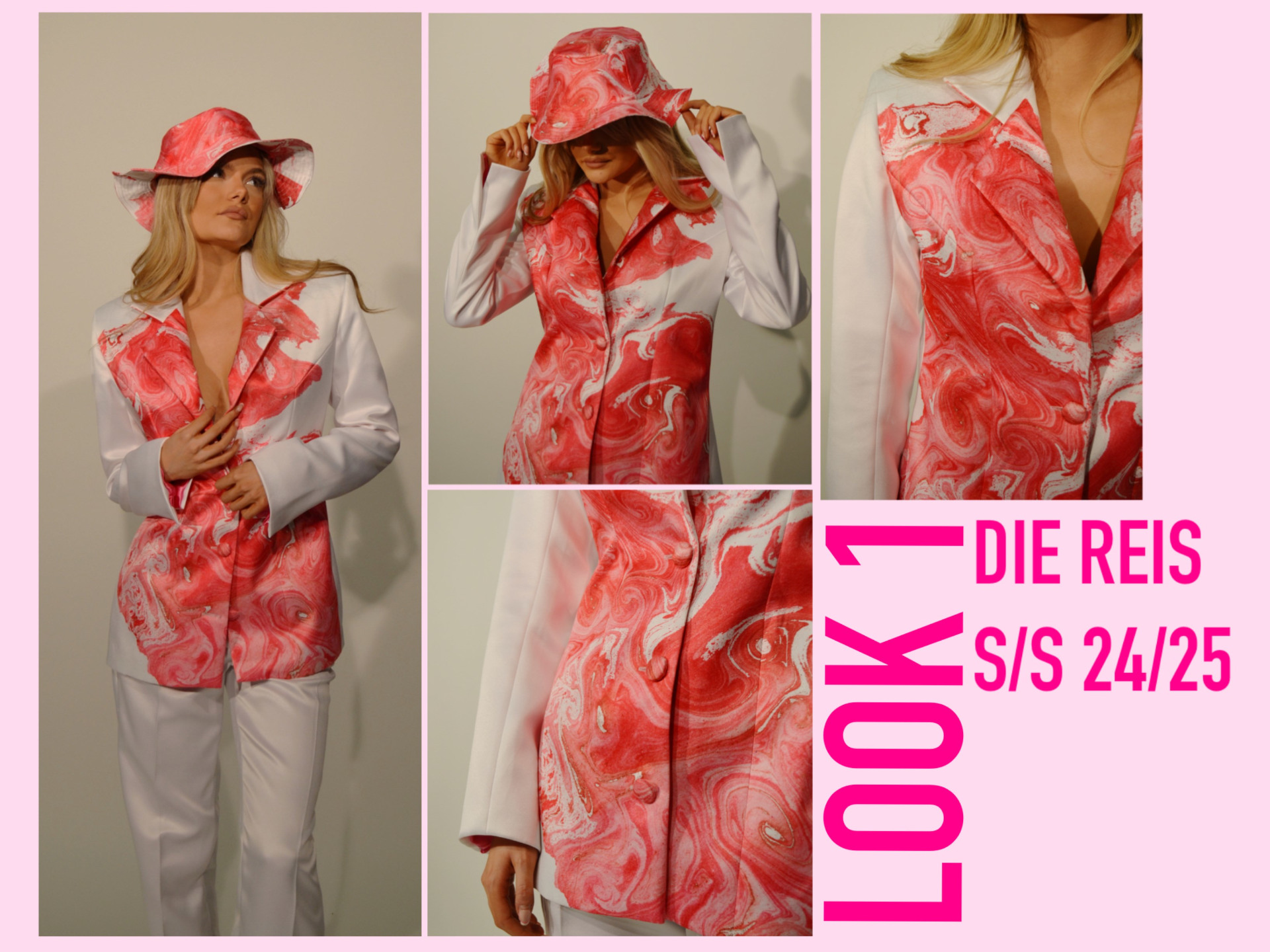 Four photos of female model wearing pink and white hat and top with white trousers