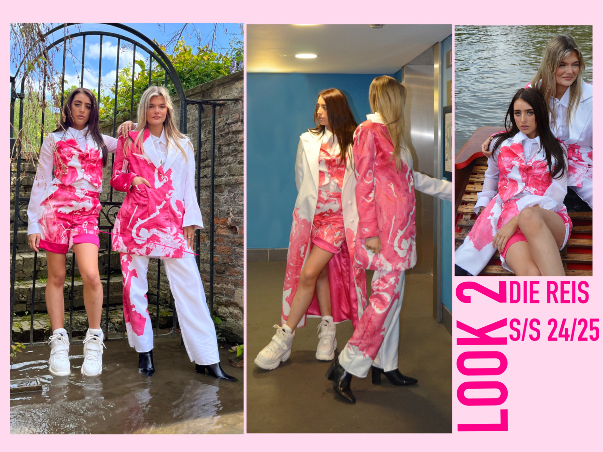 Three photos of two female models wearing pink and white outfits
