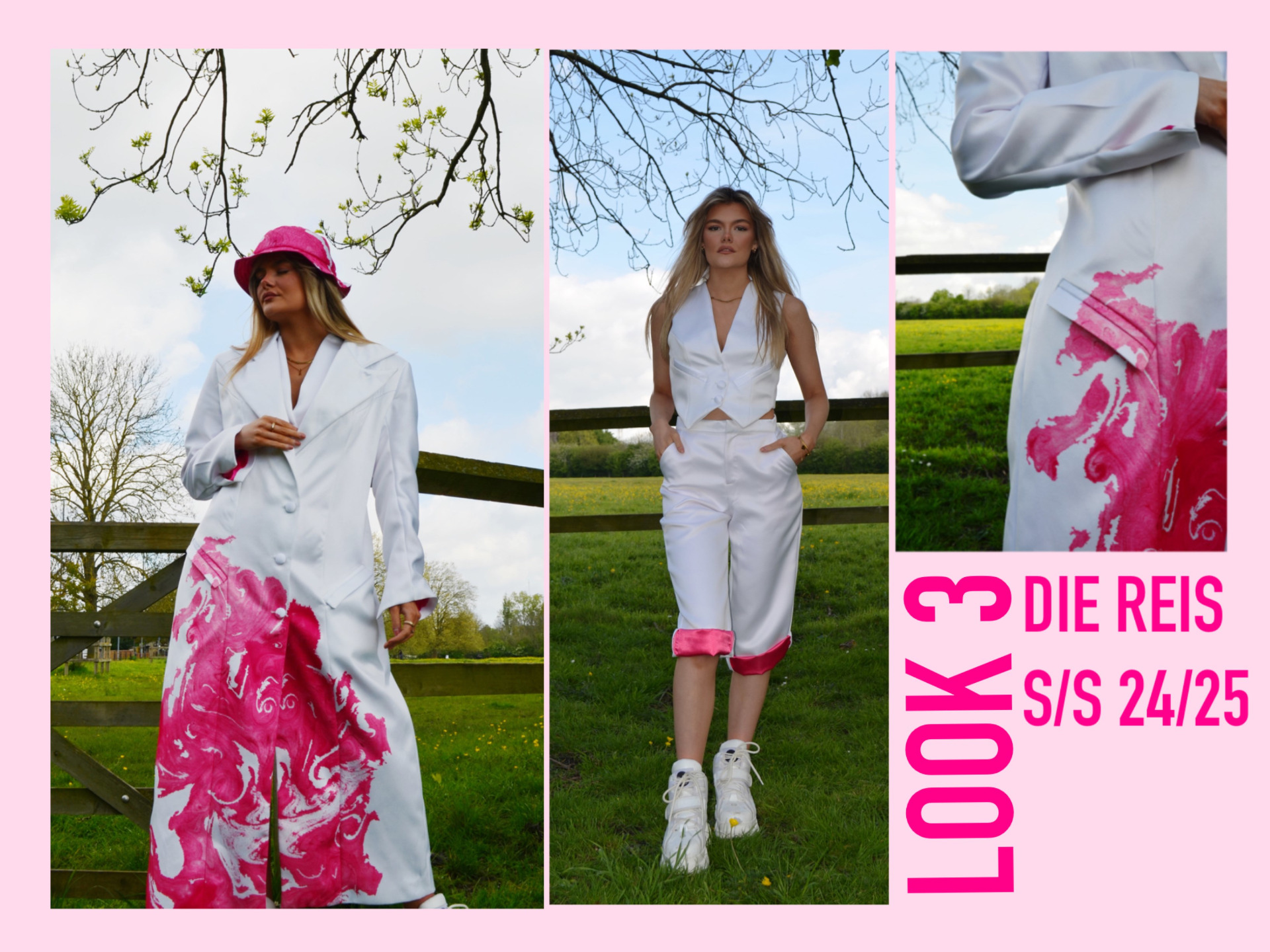 Three photos of female model wearing pink and white outfits in field