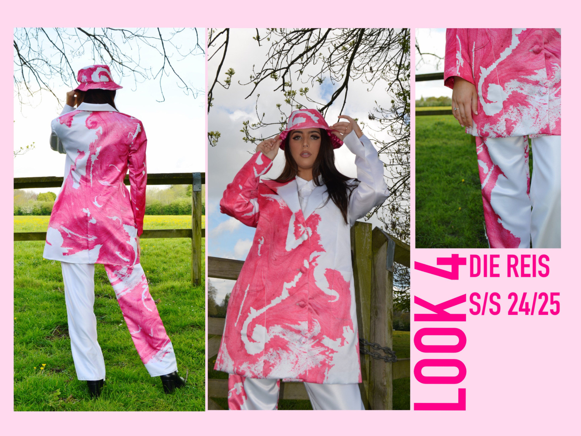 Three photos of female model wearing pink and white outfit in field