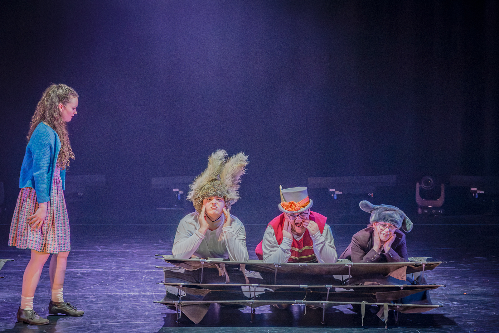 Alice Spencer talking with March Hare, Mad Hatter and Dormouse