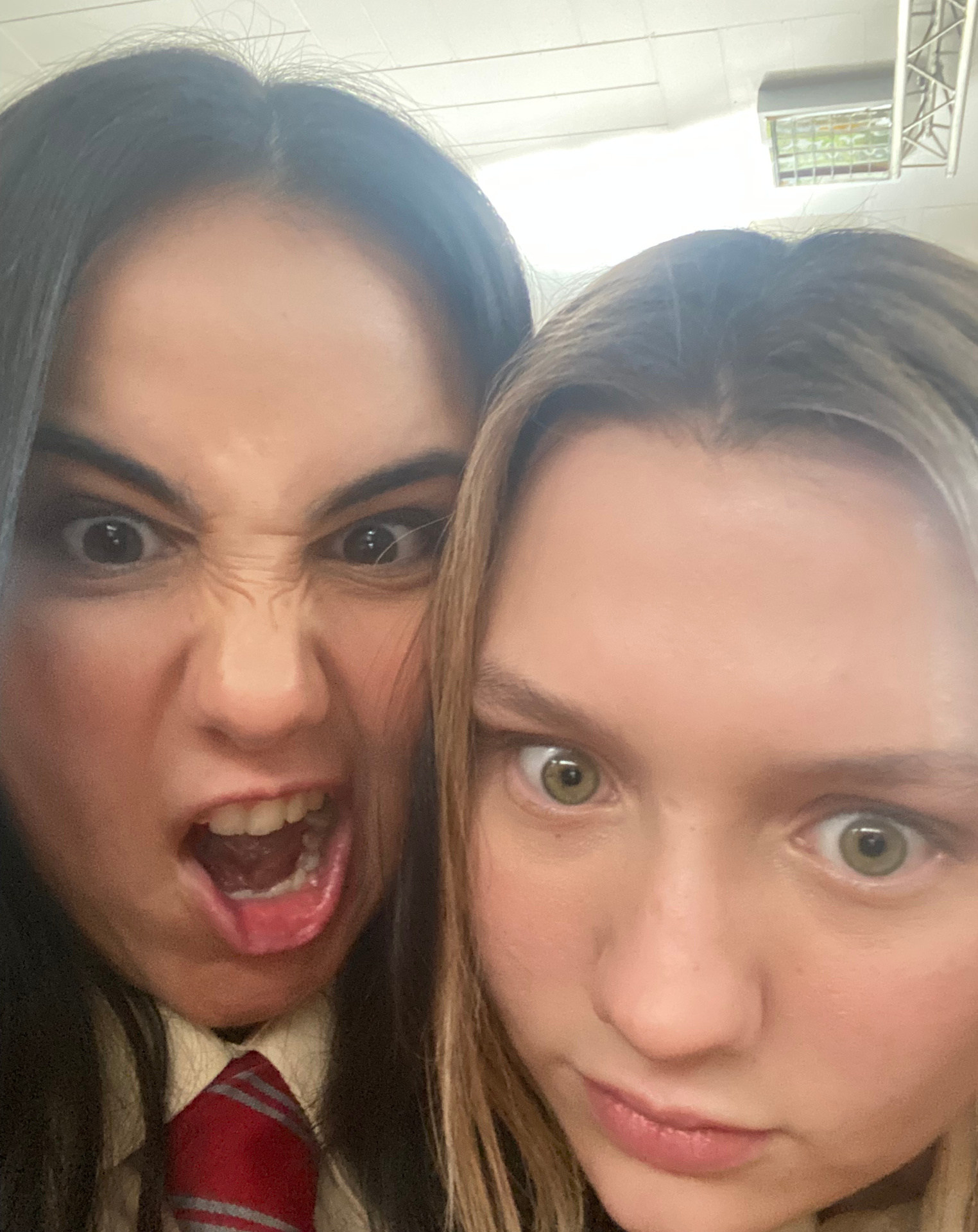 Leila and another female actor pulling faces