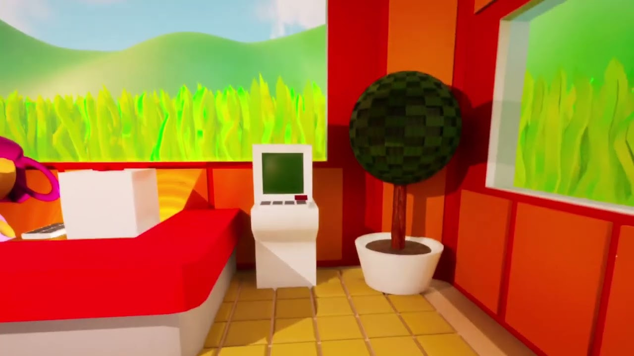 CGI room with pot plant, monitor and counter with tall grass outside windows