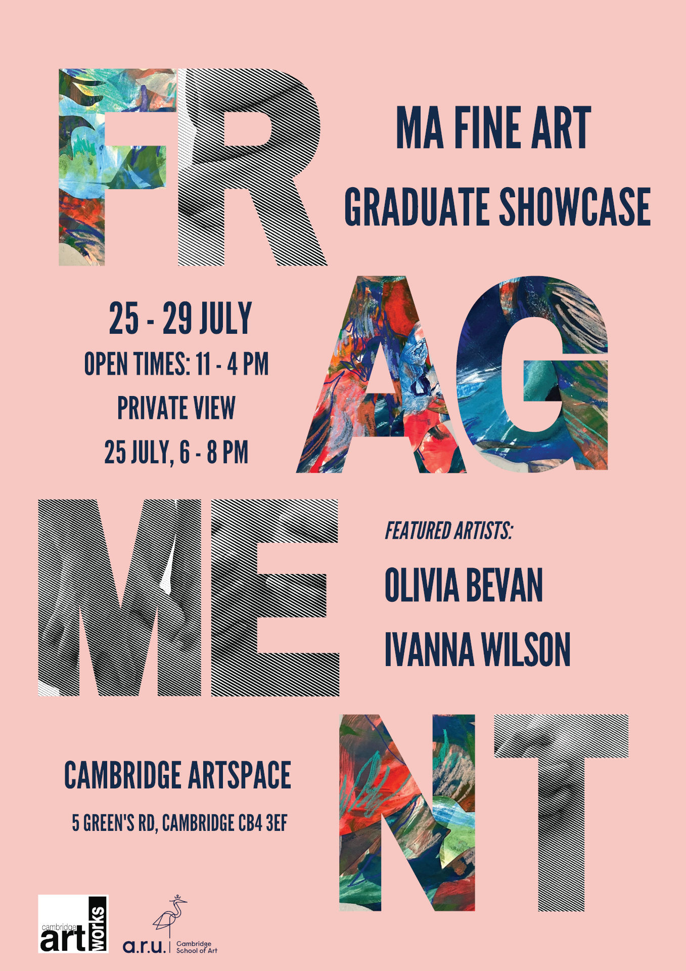 Poster for Fragment MA Fine Art degree show, with artwork showing behind the title characters