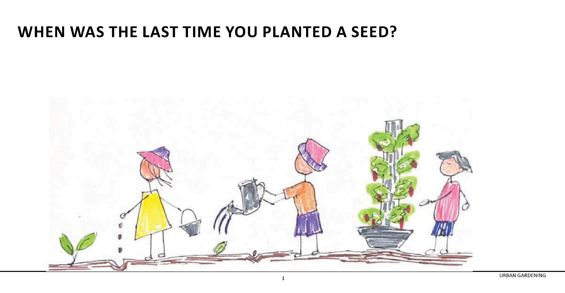 Illustration of three people sowing a seed, watering it and standing next to full grown plant