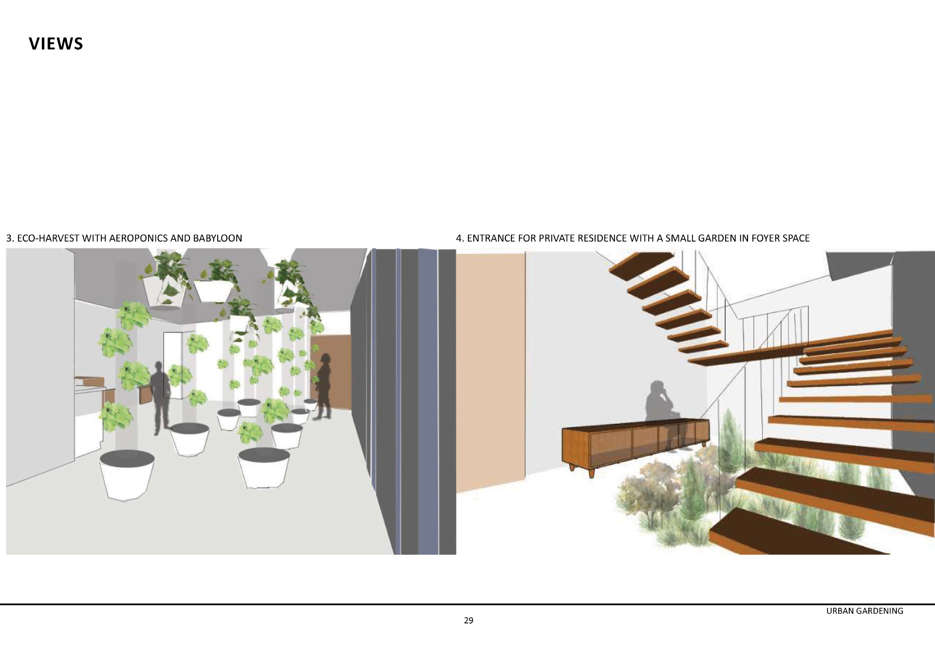 Illustrations of people in aeroponics room and a small garden beneath a staircase