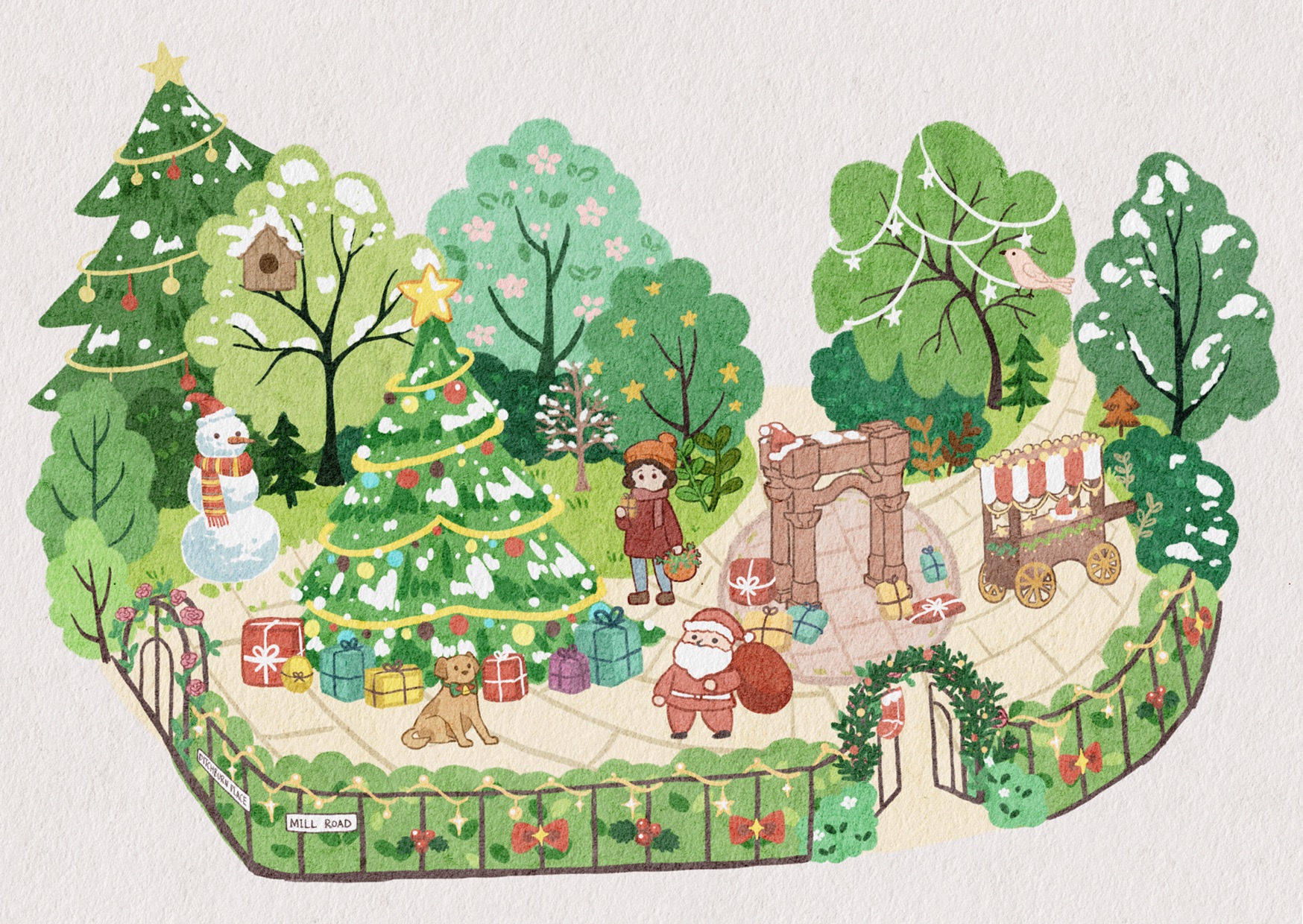 Illustration of santa, snowman, dog and person in fenced garden