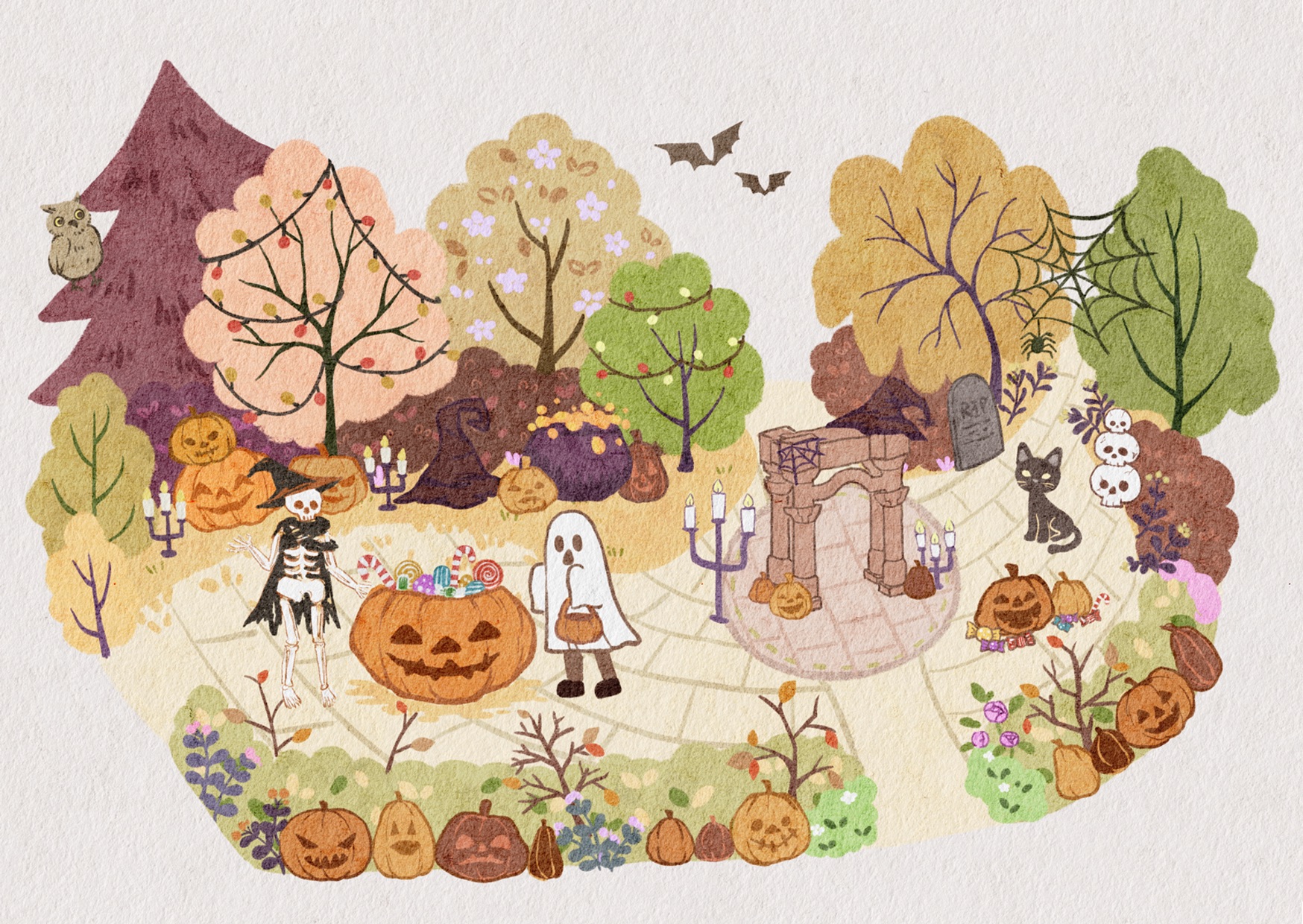 Illustration of people in halloween costumes in pumpkin-lined garden