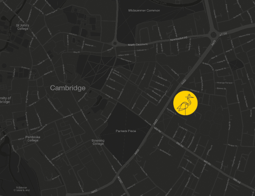 Map of Cambridge with ARU location marked with heron logo