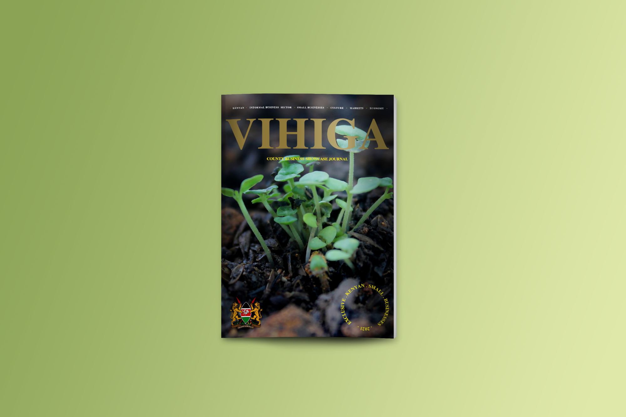 Cover of Vihiga magazine, with photo of plants poking through the ground