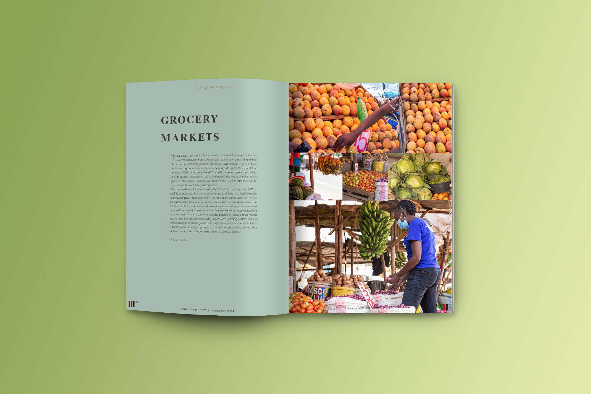 Inside page spread of journal on 'Grocery markets' with photos of  fruit on display at stalls