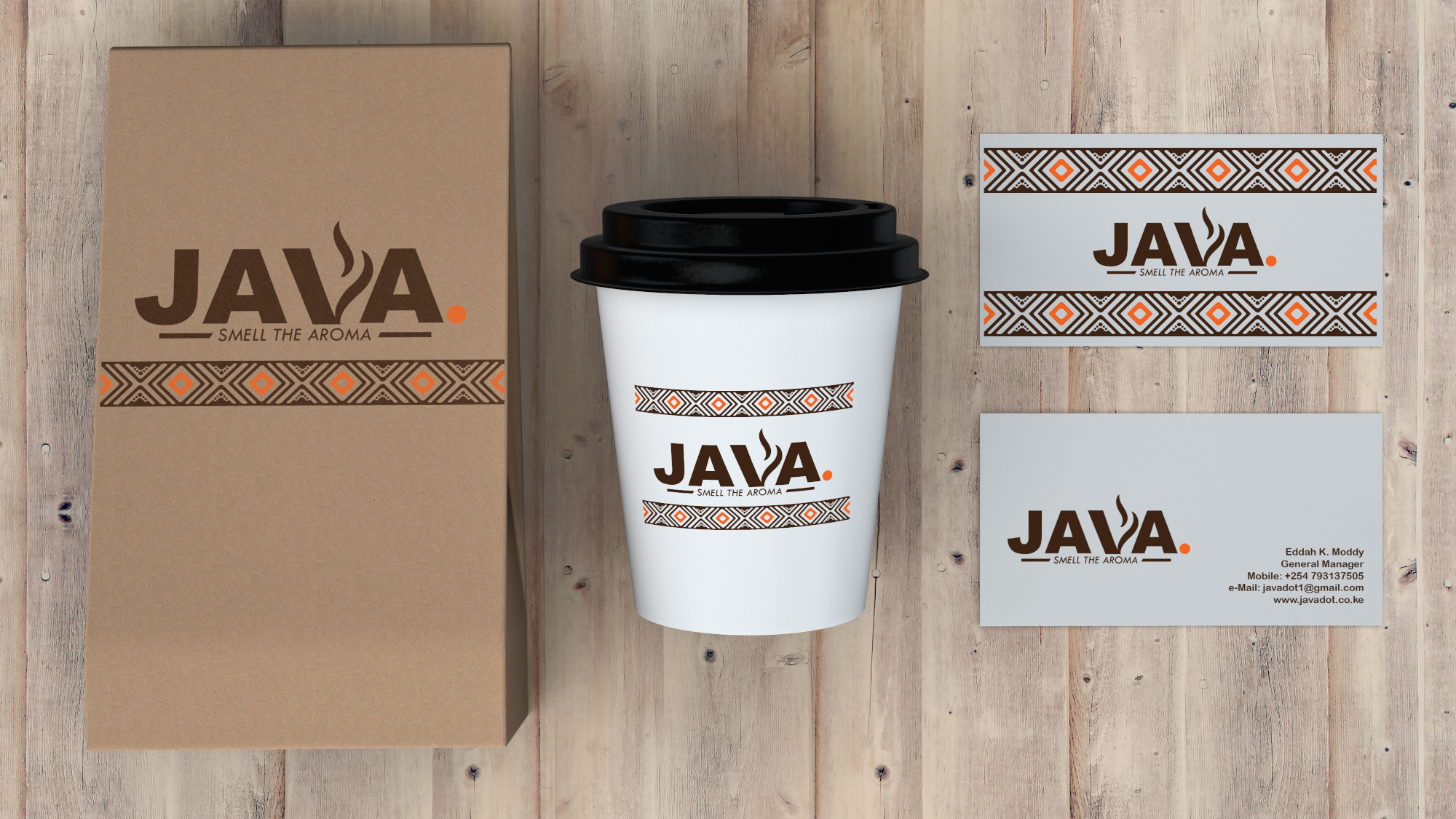 Designs for coffee brand paper bag, cup and business cards